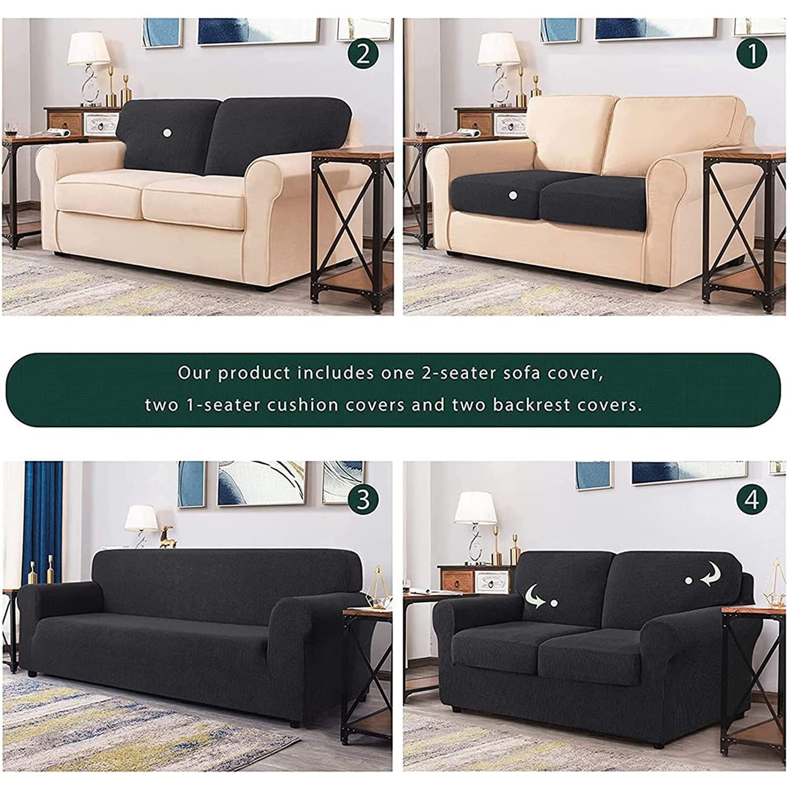 5-Piece Stretch Velvet Sofa Cover Set for 2-Seater Couch - Includes 2 Seat Cushion Covers & Backrest Cover - Soft Furniture Protector for Loveseat/Chair (Black) - Perfect for Living Room, Bedroom & Home Decor Protection