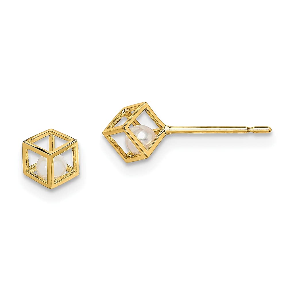 14K Yellow Gold White Freshwater Cultured Pearl Square Post Stud Earrings for Women - Elegant Ball Button Fine Jewelry Gift for Her - Perfect for Weddings, Parties & Everyday Wear