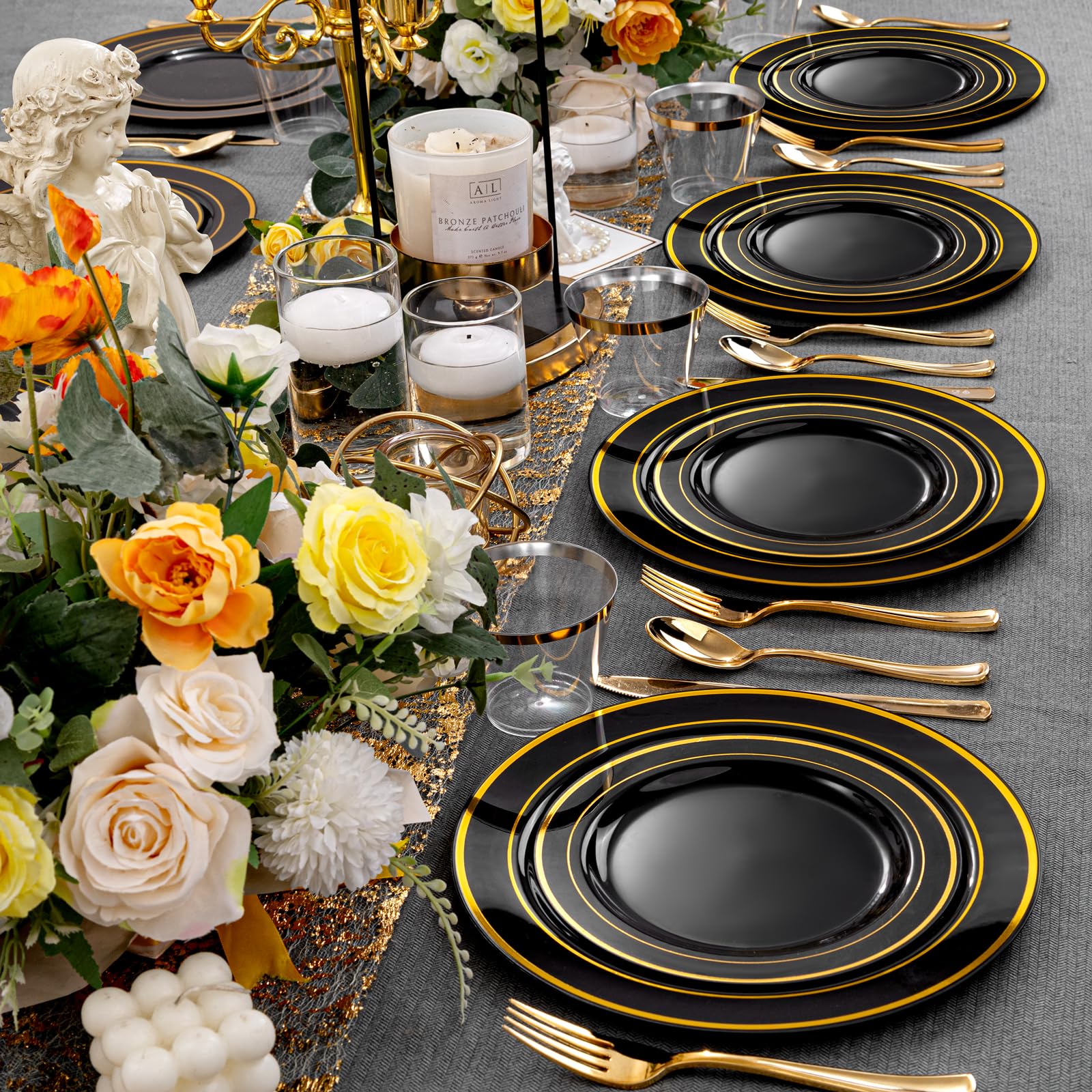 150-Piece Black and Gold Disposable Dinnerware Set for 25 Guests - Includes 25 Dinner Plates, 25 Dessert Plates, 25 Spoons, 25 Forks, 25 Knives & 25 Cups - Elegant Party Supplies for Weddings, Birthdays, New Year Celebrations & Holiday Gatherings