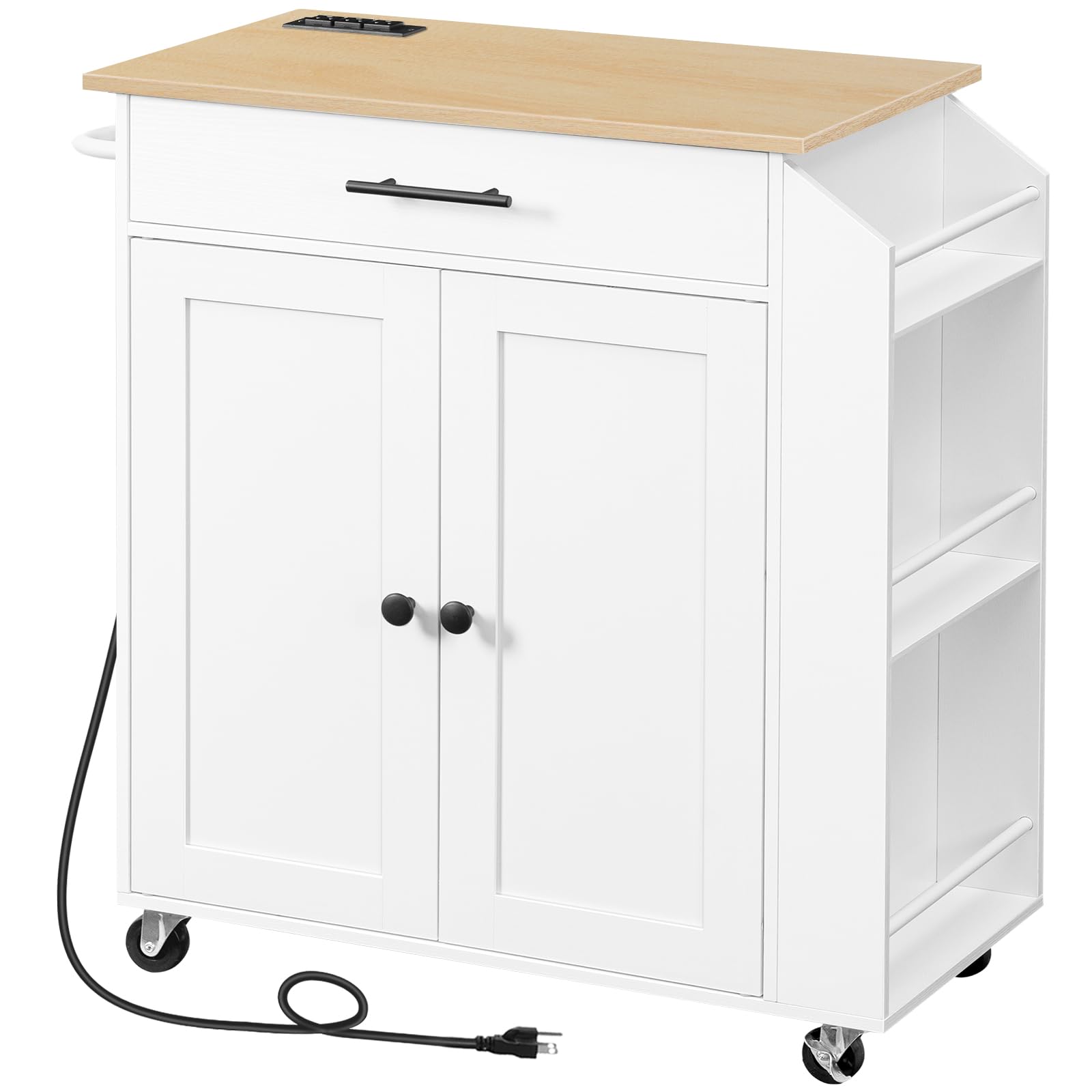 HOOBRO White and Natural Kitchen Island with Power Outlet - Mobile Kitchen Cart with Spice Rack, Storage Drawer & Wheels - Perfect for Small Spaces, Dining Rooms & Home Cooking Organization