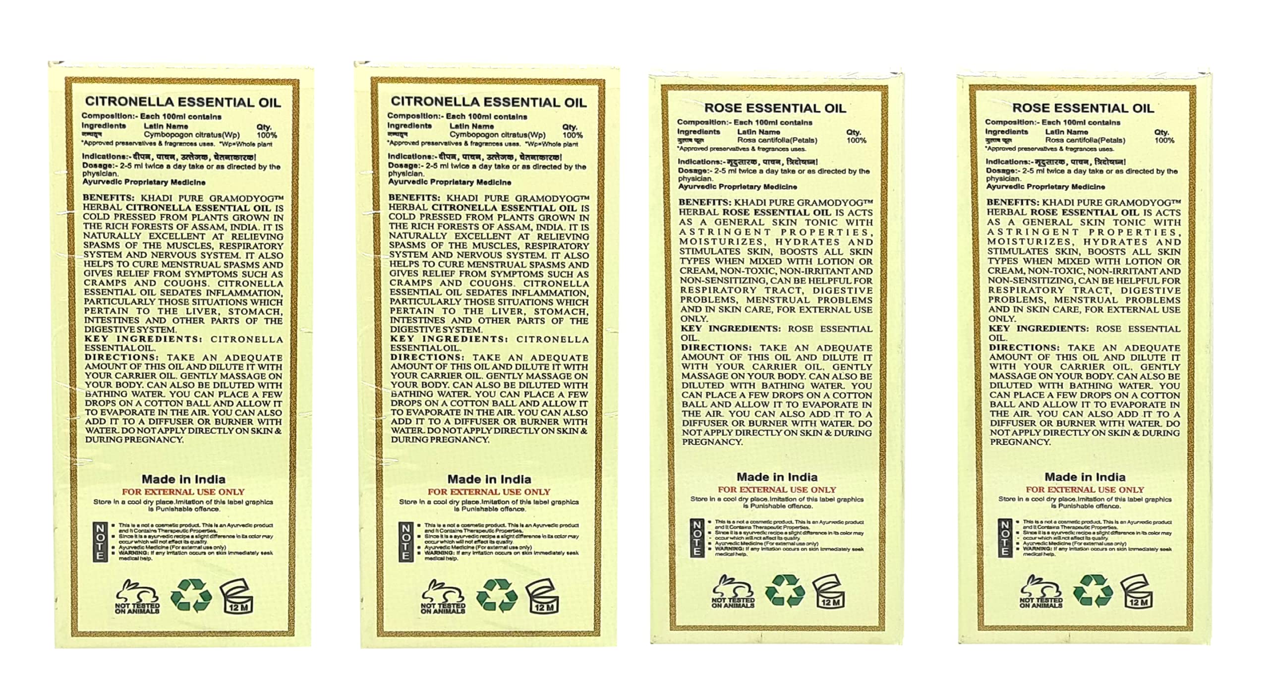 Khadi Pure Citronella & Rose Essential Oil - 15ml (Pack of 4) | Natural Aromatherapy for Relaxation, Skin Care & Mosquito Repellent | Perfect for Diffusers, Massage & Home Spa