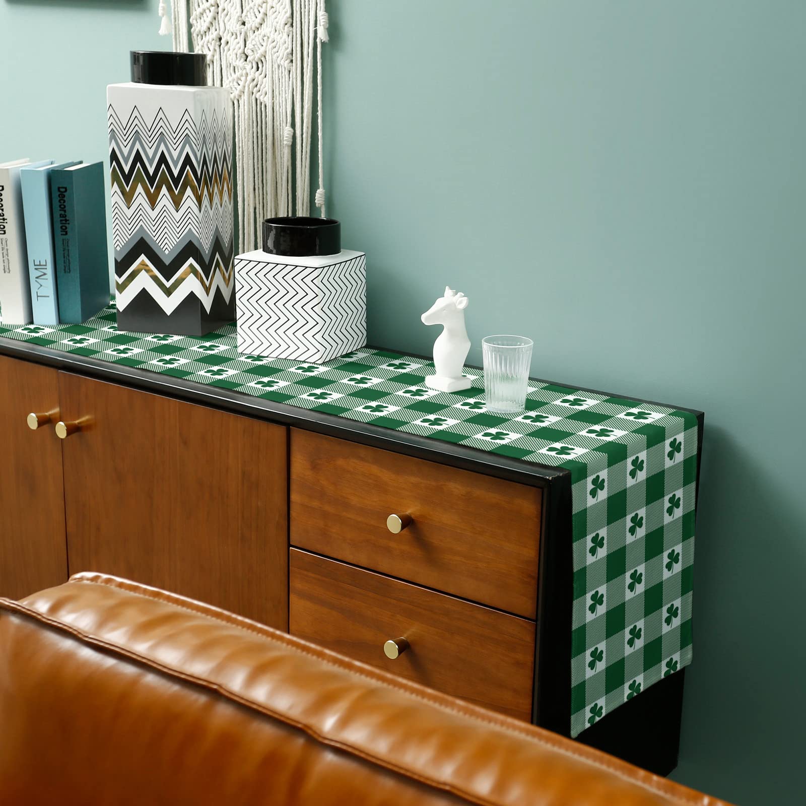 90 Inch St Patrick's Day Cotton Linen Table Runner - Irish Buffalo Plaid Green White Burlap Kitchen Decor for Dining Table, Dresser, Party & Wedding | Perfect for St Patrick's Celebrations, Irish Themed Dinners & Holiday Home Decor