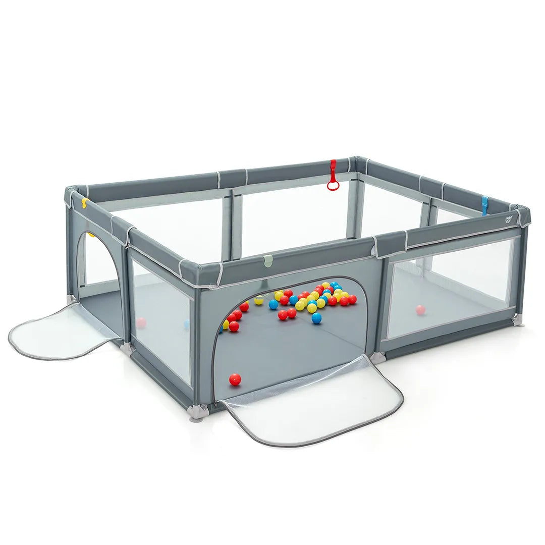 Extra Large Portable Baby Safety Playpen with Ocean Balls & Rings - Gray - Perfect for Indoor/Outdoor Playtime, Toddler Play Area, and Home Childproofing