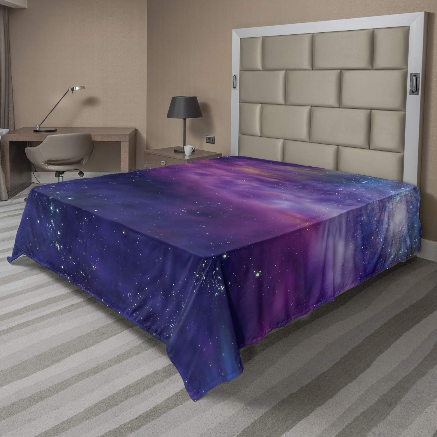 Ambesonne Outer Space Flat Sheet - Full Size Purple Blue Galaxy Print Bedding with Star Clusters & Solar Elements | Soft Comfortable Decorative Top Sheet for Bedroom, Dorm Room & Space Theme Decor