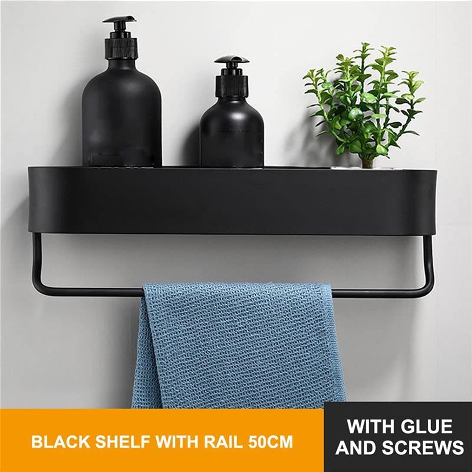 KIRANDY 50cm Black Bathroom Shelf Rack - Wall Mounted Shower Storage Basket & Kitchen Organizer with Towel Bar | Space Saving Solution for Bathroom, Shower & Kitchen Organization