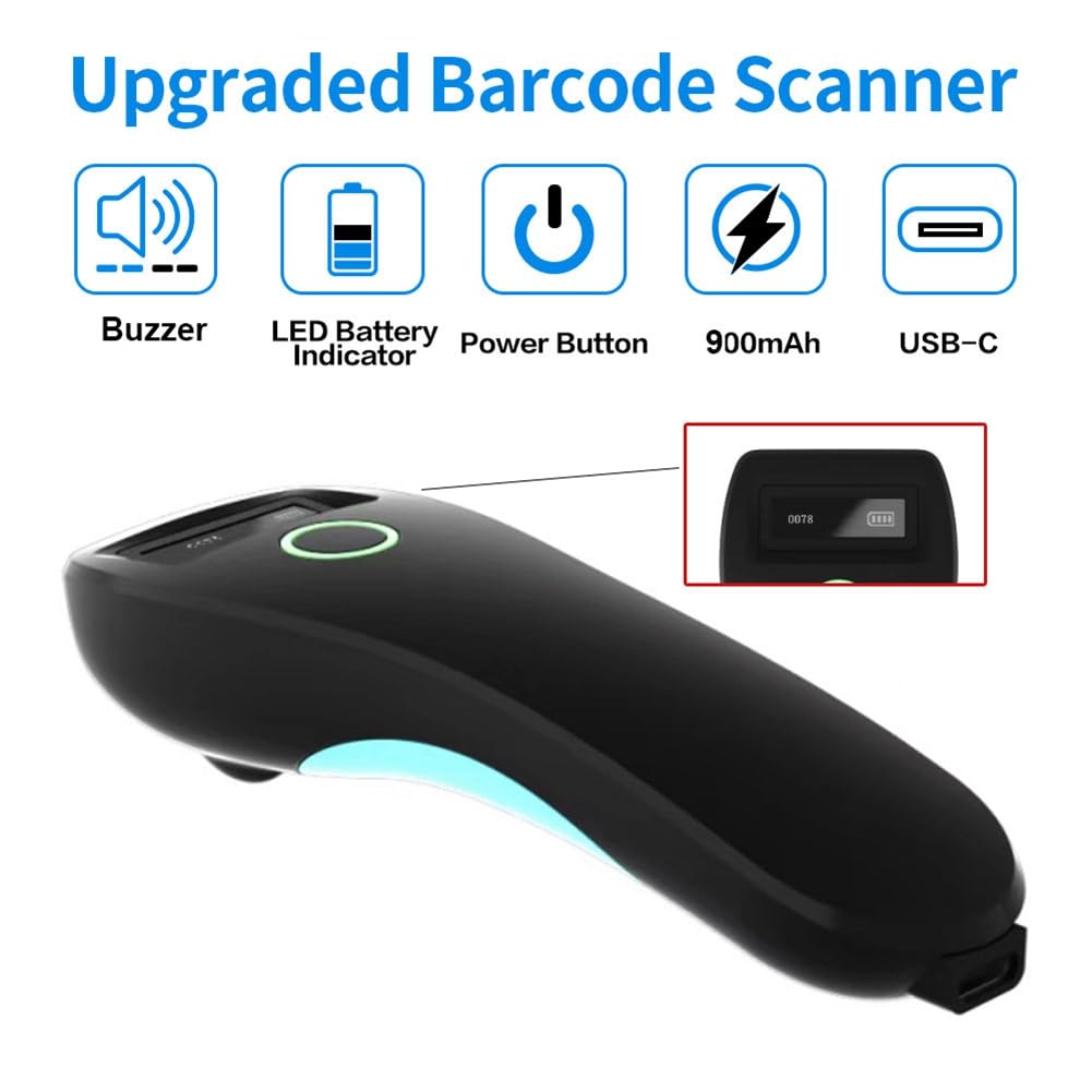 Marran Barcode Scanner HBA-W6 Wireless 1D/2D CMOS Scanner - USB & Bluetooth Mini Pocket QR Code Reader for iOS Android (Black) - Perfect for Retail, Warehouse, and Inventory Management