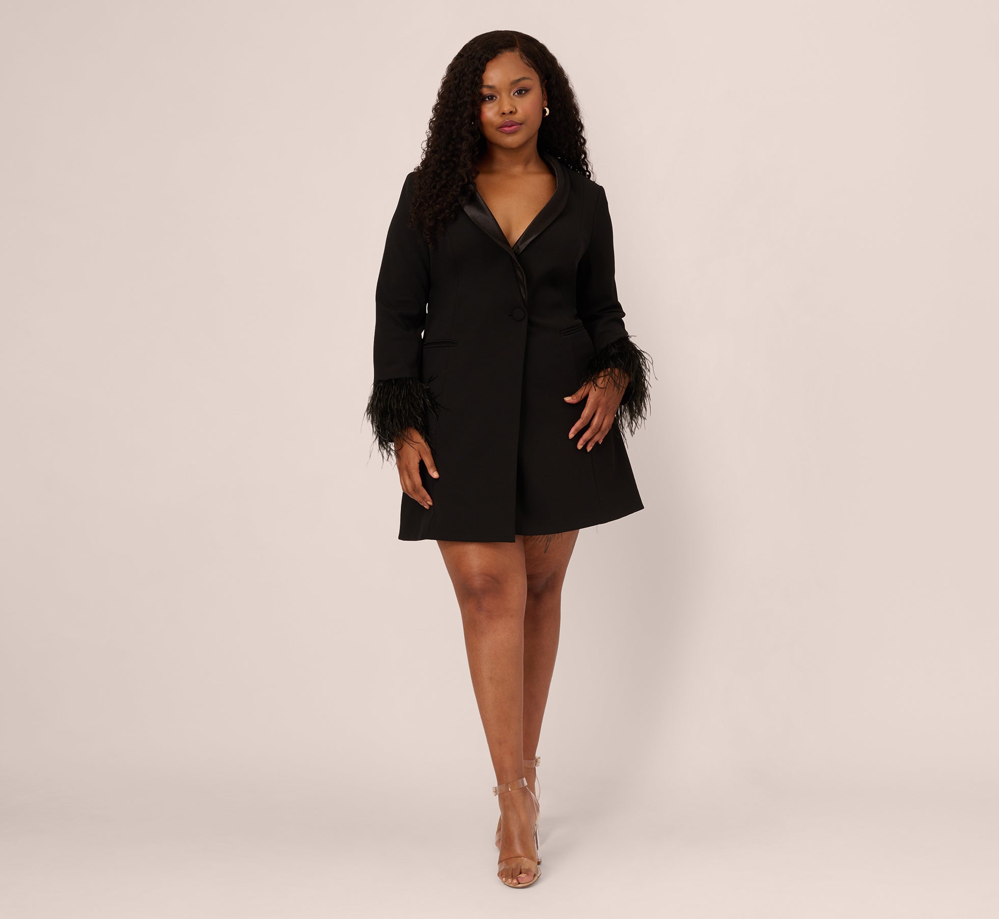 Plus Size Knit Crepe Long Sleeve Blazer Dress with Feather Trim in Black | Women's Formal Office Wear & Evening Party Outfit