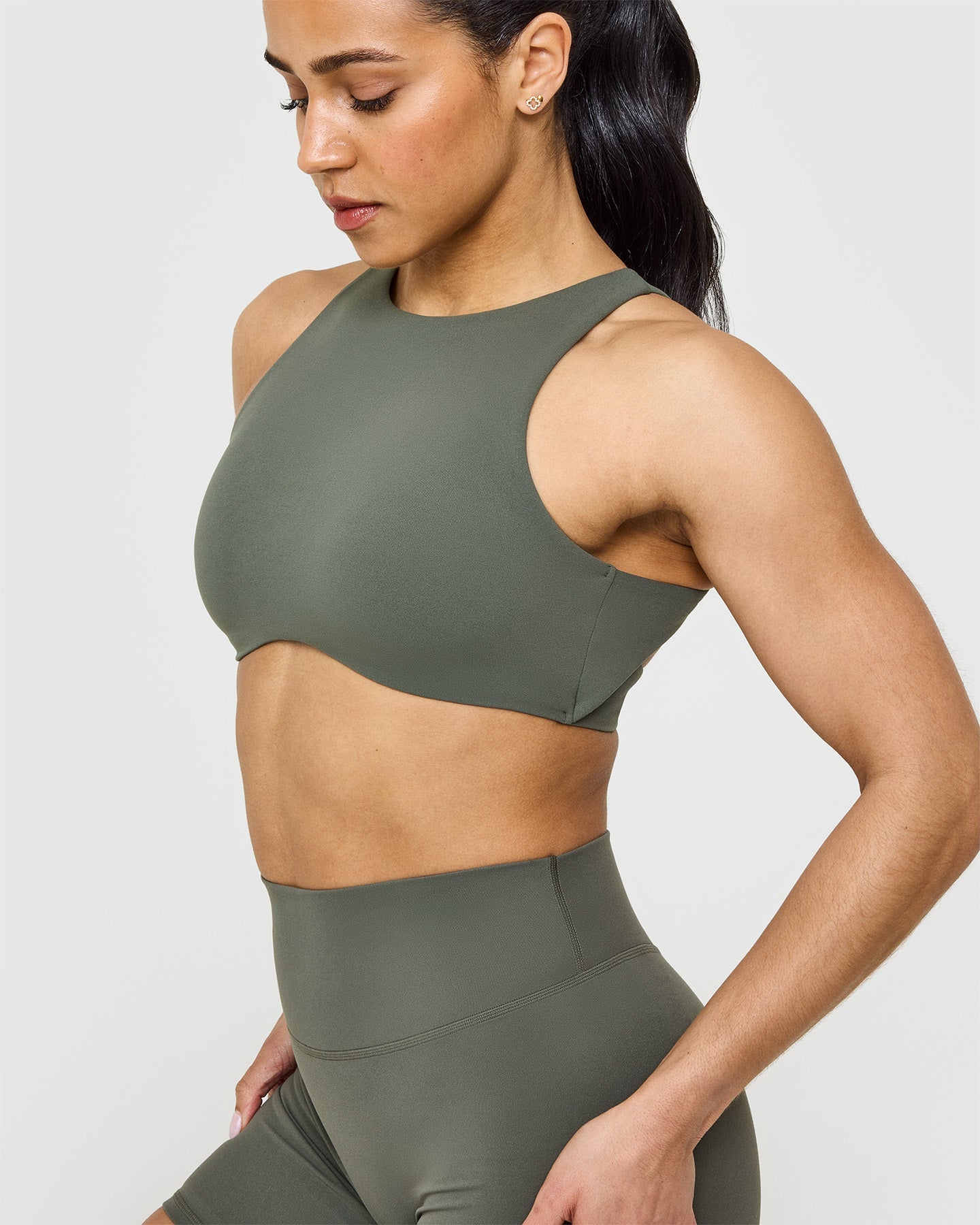 SoftMotion™ High Neck Sports Bra for Women - Dark Khaki | Breathable Workout Top for Yoga, Running & Gym | Plus Size Activewear