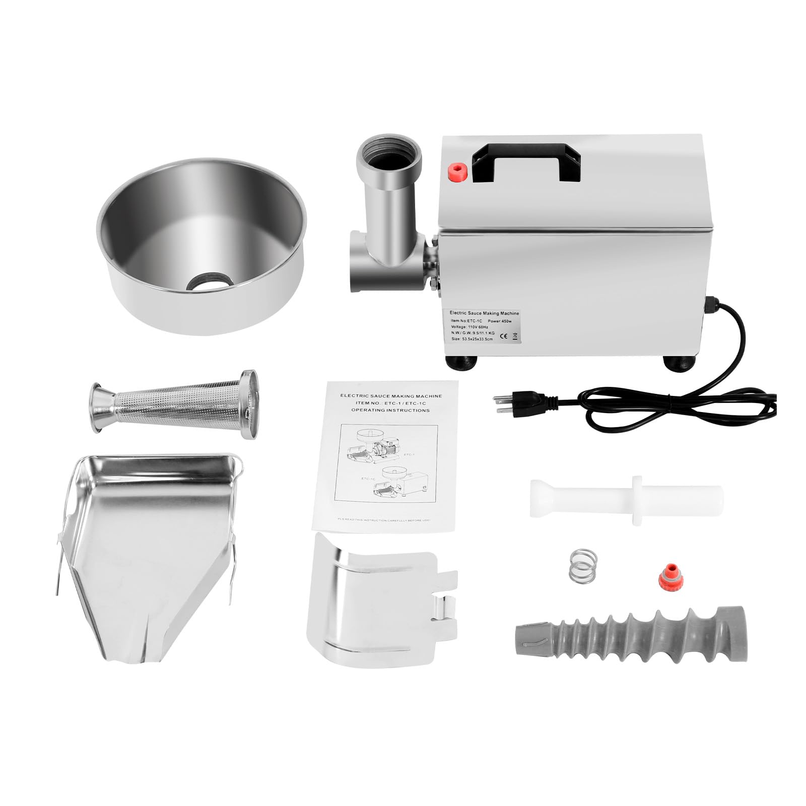 450W 110V Electric Tomato Sauce Maker & Food Grinder - 110lbs/h Stainless Steel Jam Machine with Pure Copper Motor, Funnel & Trough (21.06x9.8x13.19 Inch) - Perfect for Homemade Sauces, Jams, Purees & Baby Food Preparation