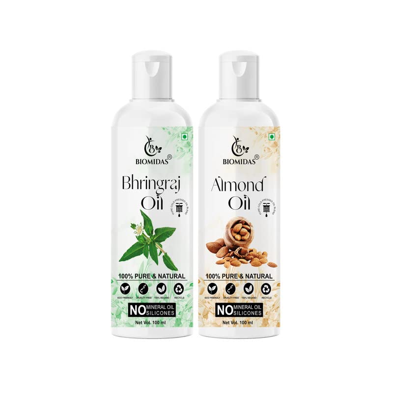 Biomidas 100% Pure Bhringraj Oil & Almond Oil Combo (100ML Each) for Hair Growth, Anti Hair Fall, Split Ends – Promotes Soft, Shiny Hair – Pack of 2 – Perfect for Daily Hair Care & Scalp Massage