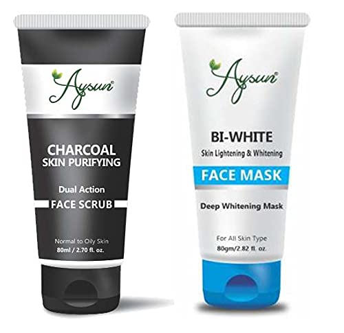 Aysun BI-White Skin Lightening Face Mask & Charcoal Skin Purifying Scrub Combo Pack - Brightening & Deep Cleansing Treatment for Glowing Skin - Perfect for Daily Skincare Routine & Spa Night