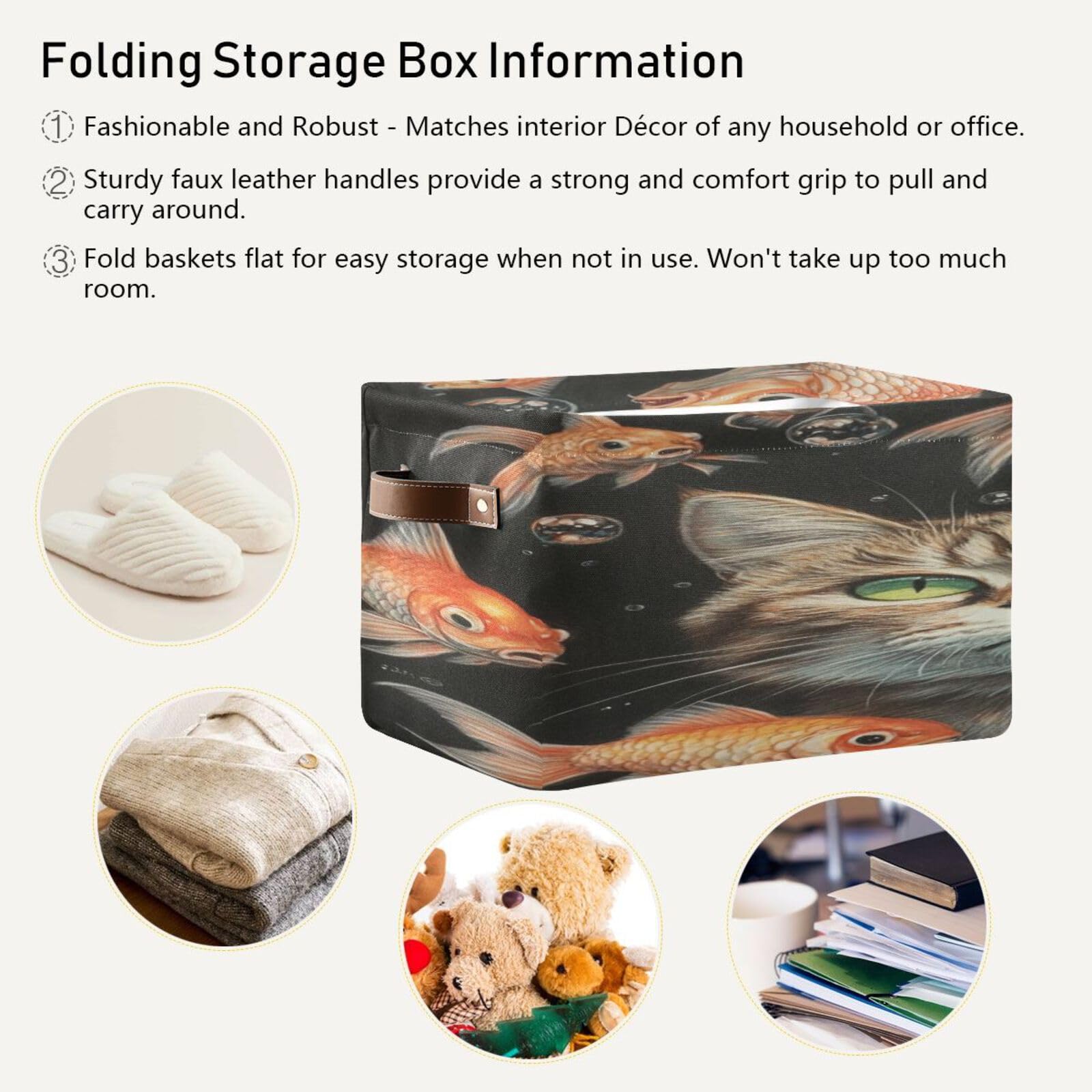 Large Foldable Storage Baskets with Handles - 2 Pack Closet Organizers & Home Storage Bins for Shelves | Perfect for Bedroom, Bathroom & Kids Room Organization | Cat-Themed Design