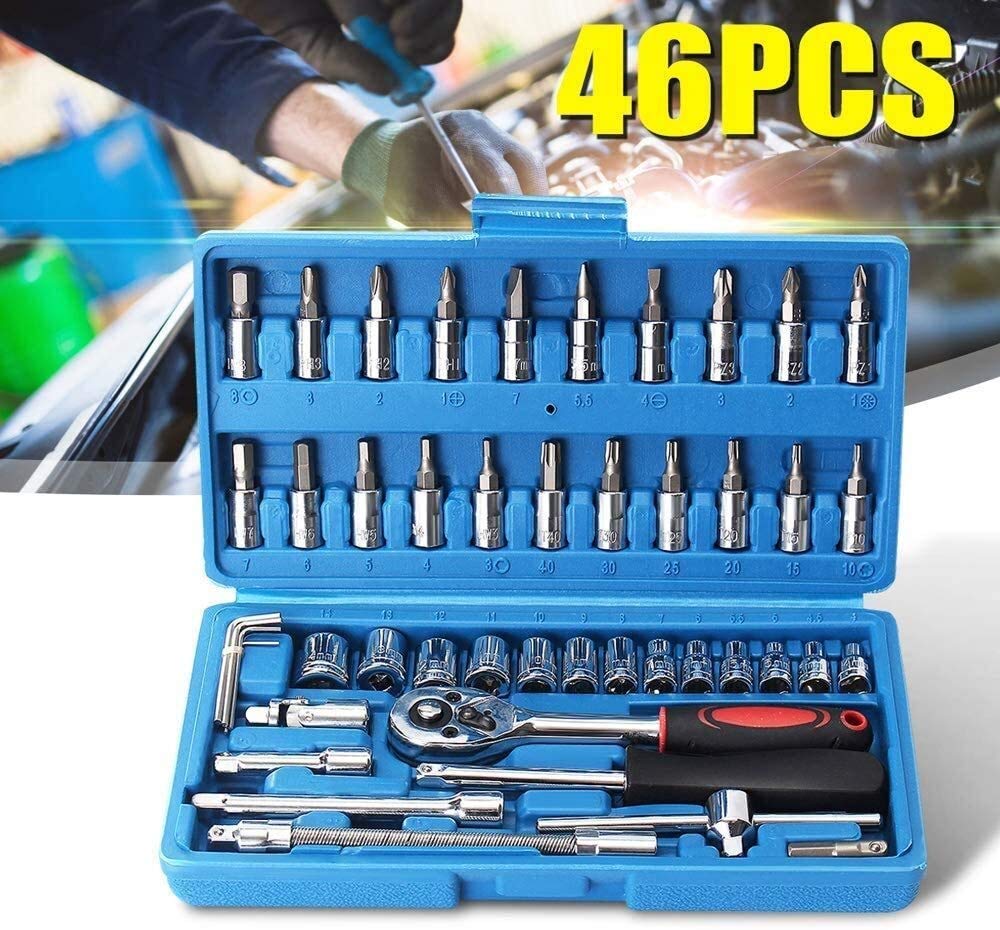 46-Piece Mechanics Tool Set - Socket Wrench & Auto Repair Tools Kit with Plastic Toolbox Organizer | Perfect for Car Maintenance, DIY Projects & Home Repairs