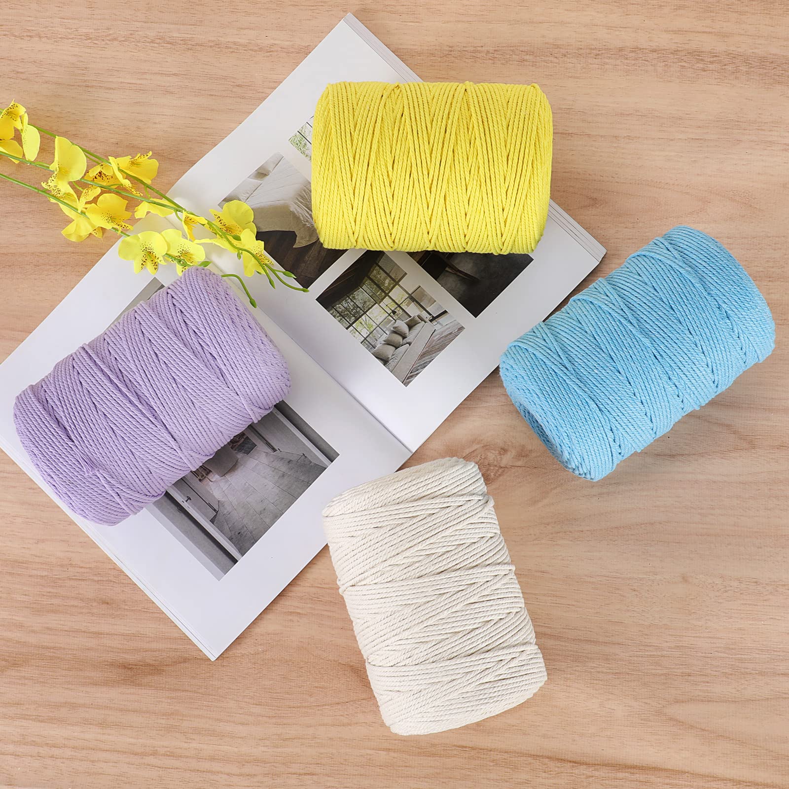 3mm x 328yd Natural Cotton Macrame Rope - 4 Strand Twisted DIY Craft Cord for Knitting, Plant Hangers, Wall Decor, Wedding & Boho Home Decor | Eco-Friendly Beige Macrame String for Handmade Jewelry and Gift Wrapping