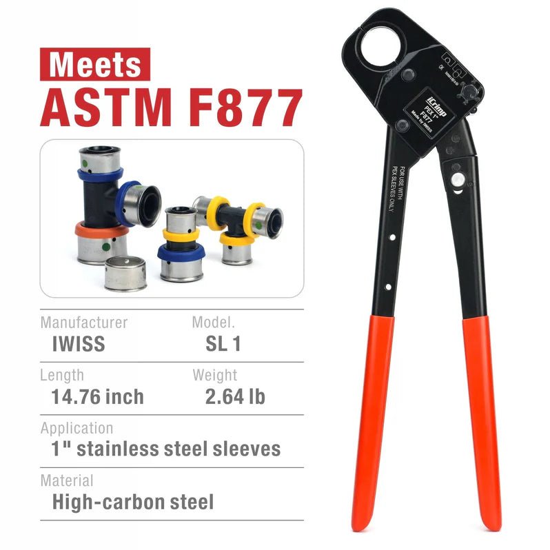 Angled Head PEX Crimping Tool for 1/2 inch F877 Stainless PEX Press Sleeves with Go/No-Go Gauge - Perfect for Plumbing Repairs and PEX Pipe Installations