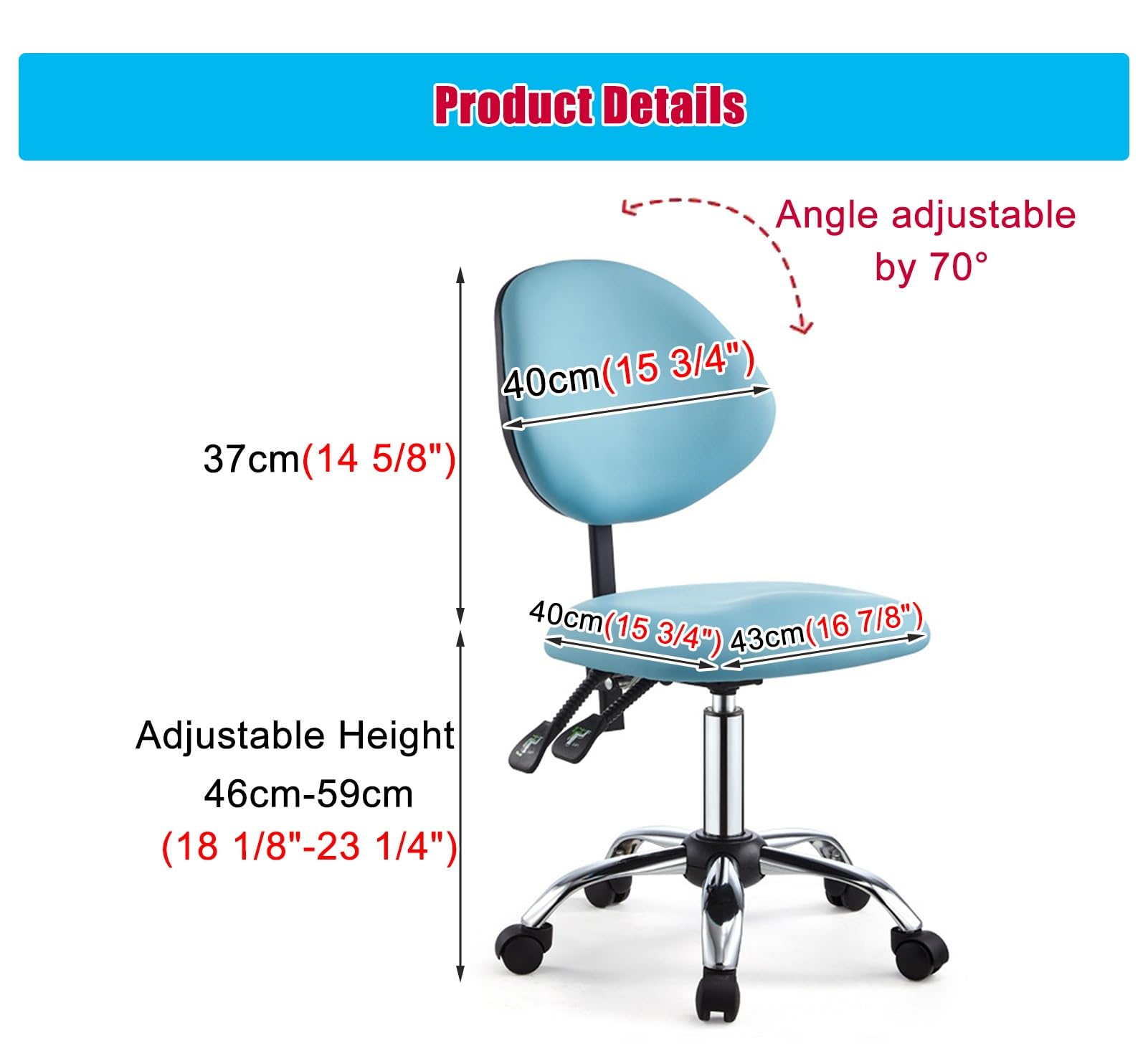 Ergonomic Rolling Saddle Stool for Dental Hygienists - Adjustable Height 46-59cm (18-23