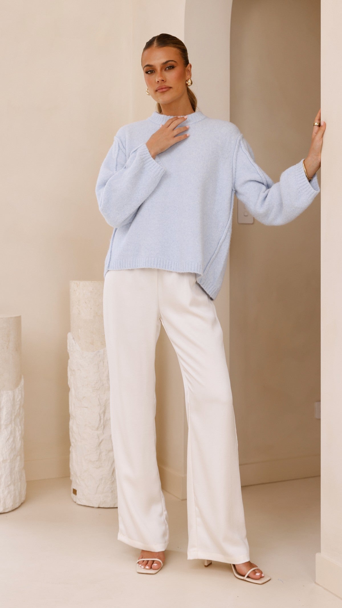 Ally Knit Sweater Women's Blue Crewneck Pullover - Perfect for Fall Fashion & Casual Outfits