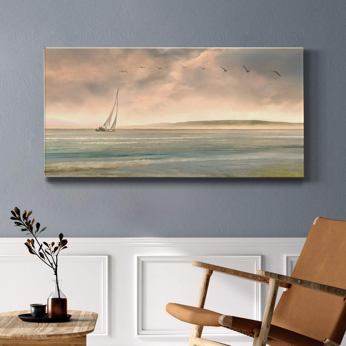 Modern Ocean Sailboat Canvas Wall Art - Blue Landscape Print for Living Room, Bedroom, Kitchen, Bathroom & Office Decor - Ready to Hang 24x48 Inches - Perfect for Coastal, Nautical & Beach-Themed Home Interiors