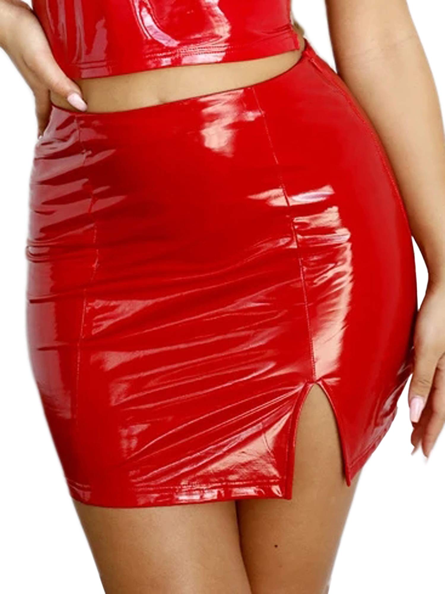 Angelegant Women's Leather Mini Skirt - Sexy Shiny Liquid Metallic Wet Look Latex Skirt for Night Out, Clubwear & Fashion Party Outfits