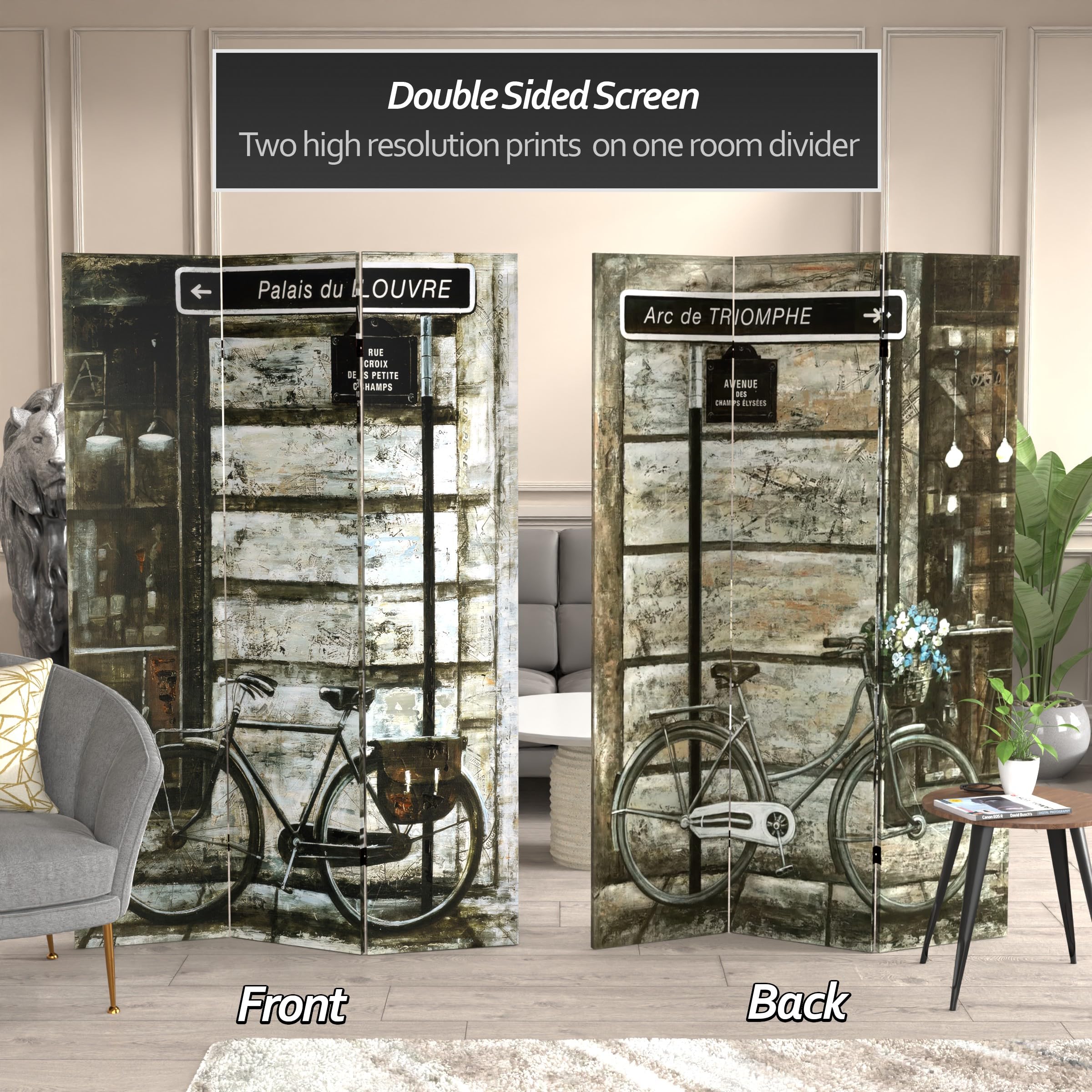 6 ft. Tall Double Sided Parisian Bicycles Canvas Room Divider - Red Lantern Design in Grey | Perfect for Home Decor, Living Room Partition & Event Backdrop