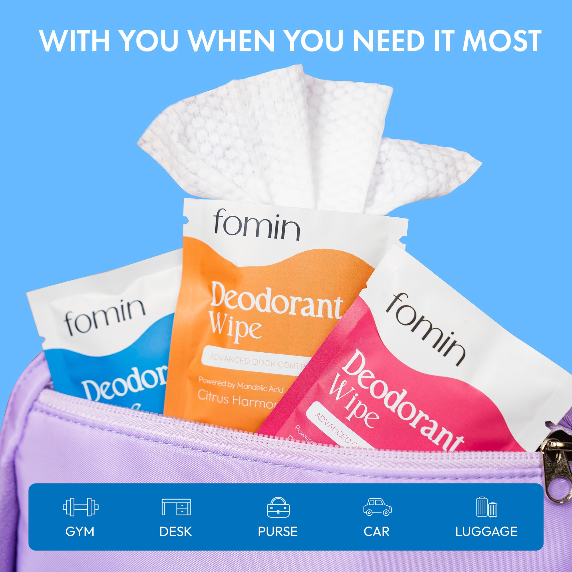 FOMIN Acidified Travel Deodorant Wipes for Women & Men - 30 Count, Fragrance-Free, pH Balanced, Plastic-Free & Individually Wrapped - Mini Deodorant Wipes for Underarm & Body Care - Perfect for Gym, Travel, Camping & On-the-Go Freshness