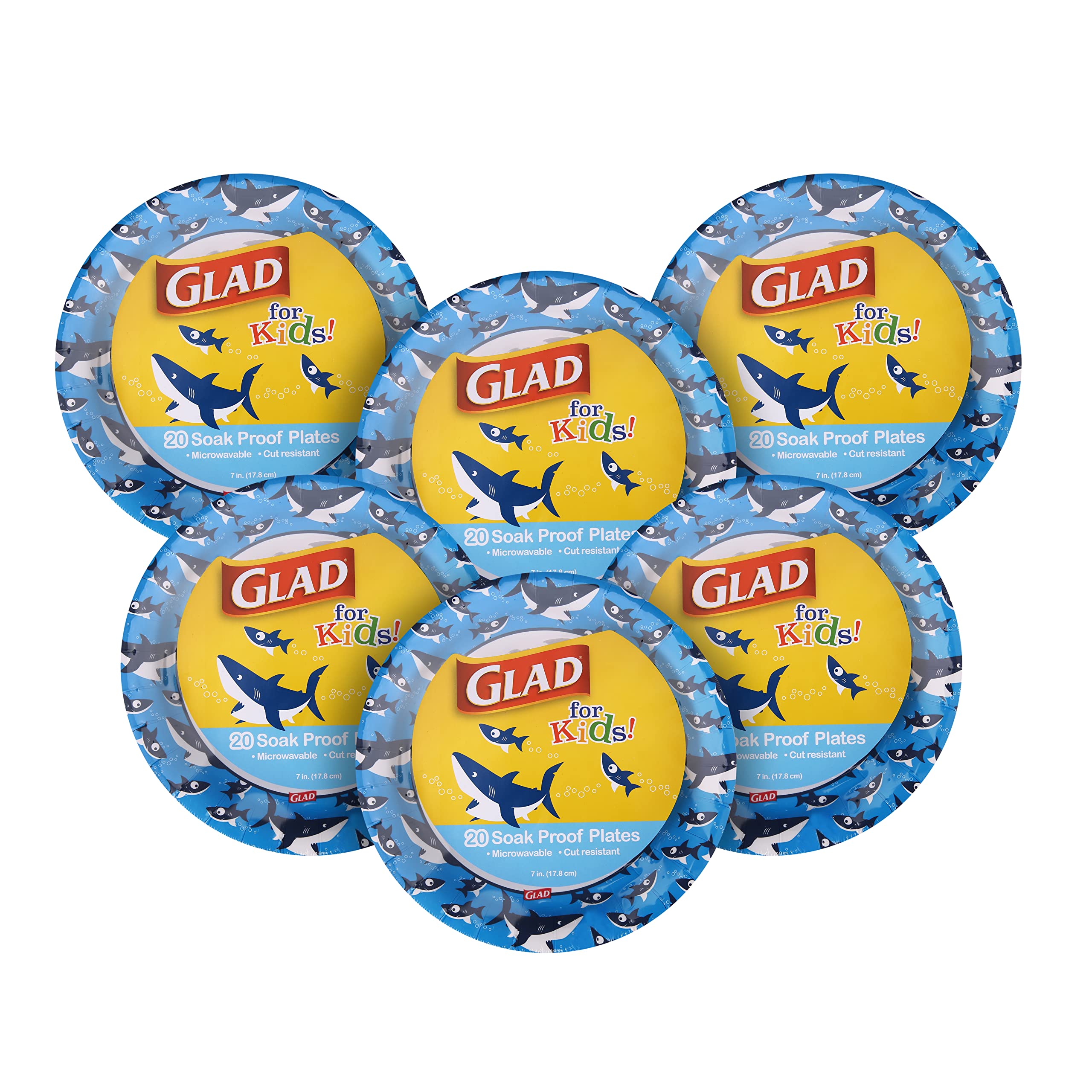 Glad for Kids Sharks Paper Plates - 7 Inch Small Round Disposable Plates with Cute Shark Design | Heavy Duty, Soak Proof & Microwavable | 20 Count (Pack of 6) for Birthday Parties, Picnics & Family Gatherings