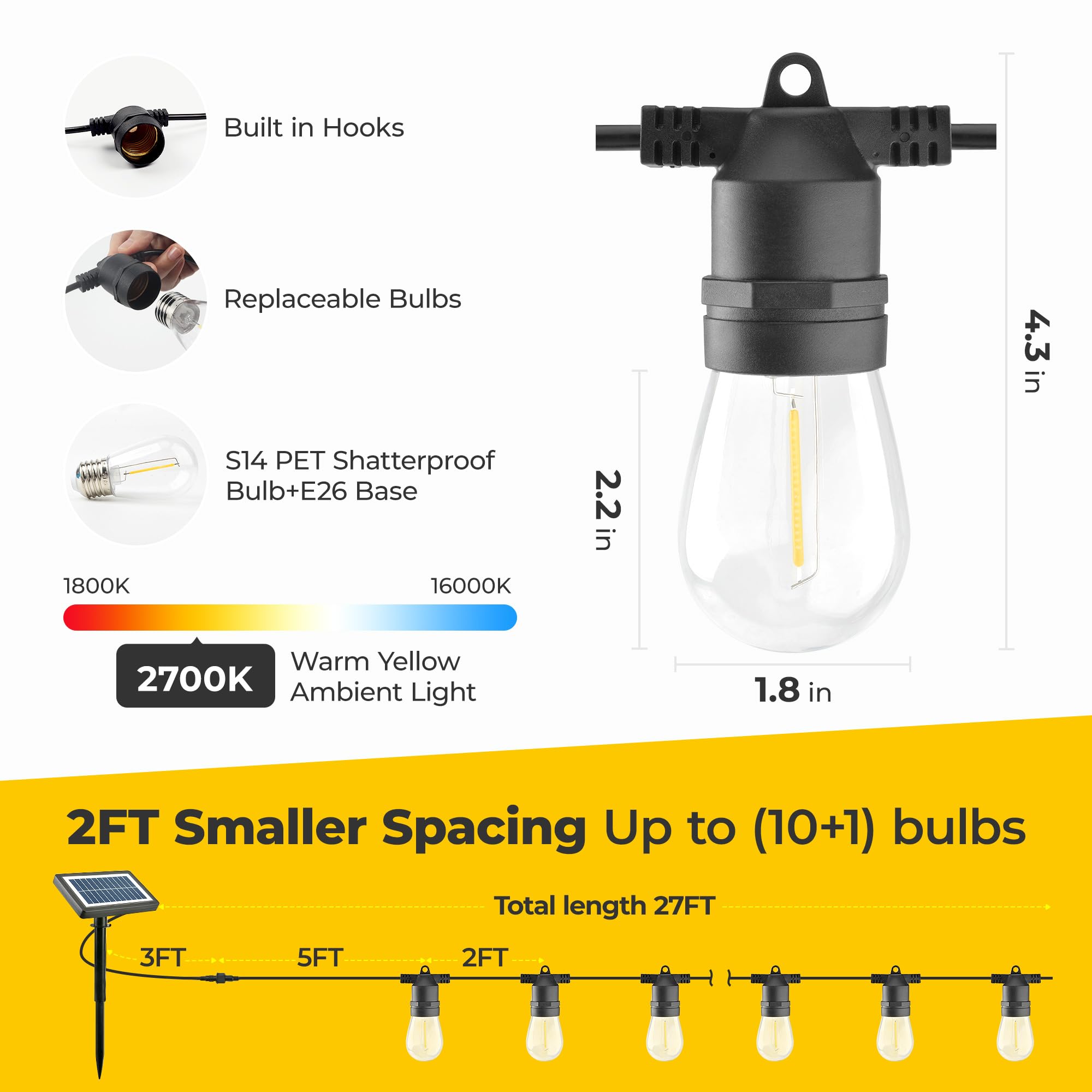 29FT Solar String Lights Outdoor - 10 S14 LED Edison Bulbs, IP65 Waterproof, Warm White, Solar Powered for Patio, Garden, Yard, Porch, Gazebo Decor - Perfect for Evening Gatherings & Outdoor Ambiance
