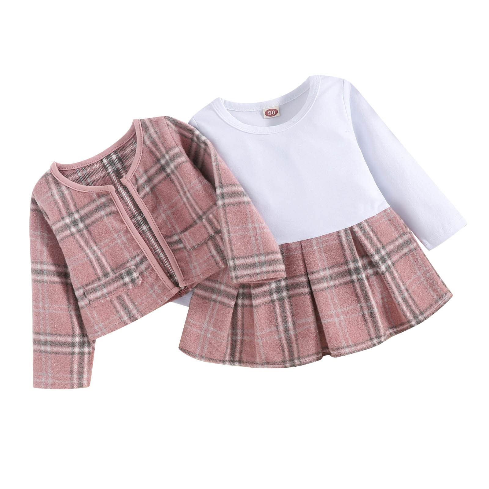 Baby Girl Winter Outfit Set - 2PCS Fleece Princess Dress & Coat with Long Sleeves, Patchwork Plaid Design, Round Collar | Warm Toddler Winter Clothes for Holiday Photos, Christmas Parties & Outdoor Play