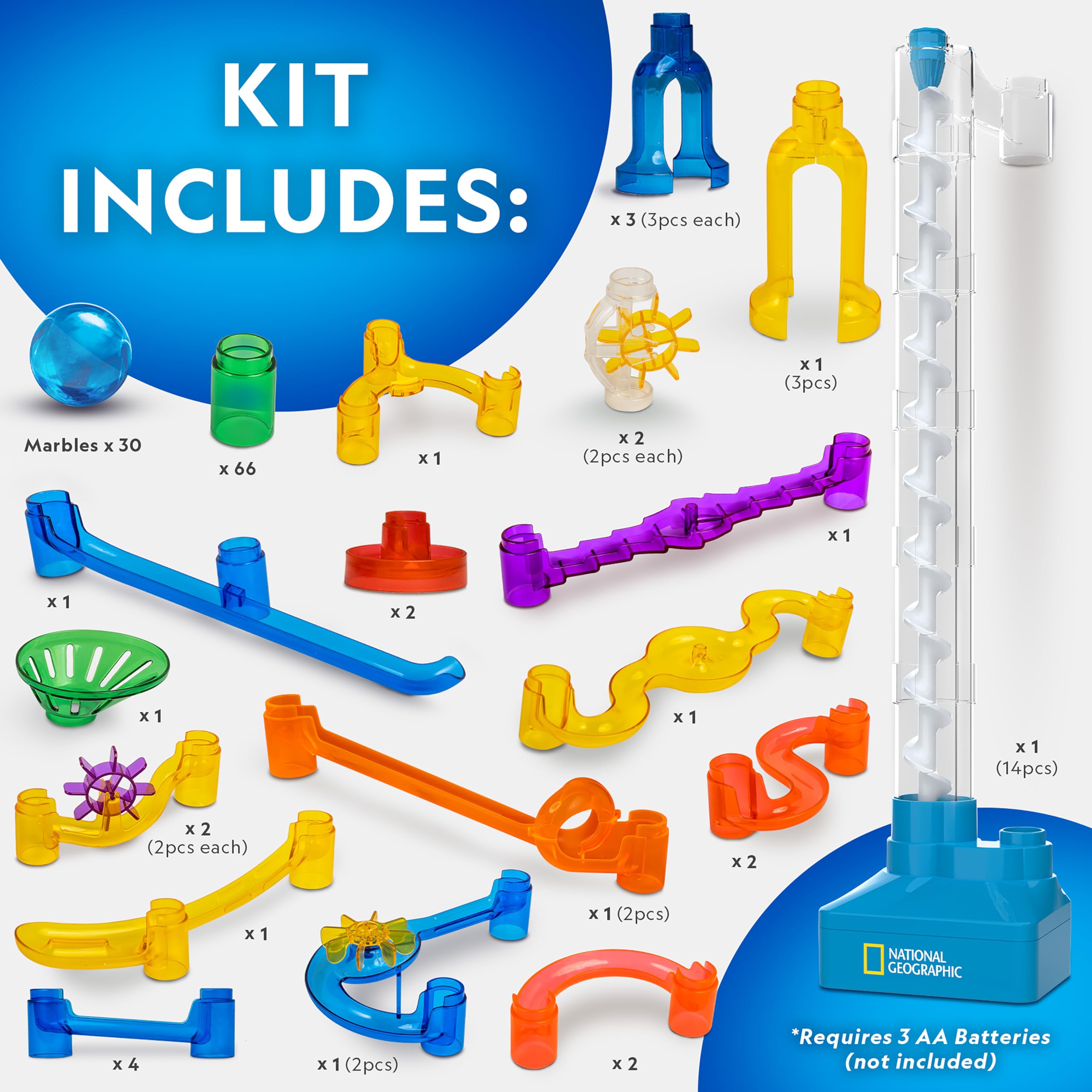 National Geographic Marble Run with Motorized Elevator - 150-Piece STEM Building Set with Spiral Lift, 30 Glass Marbles, Storage Bag | Educational Physics Toy for Kids | Perfect for Classroom STEM Activities & Family Game Nights