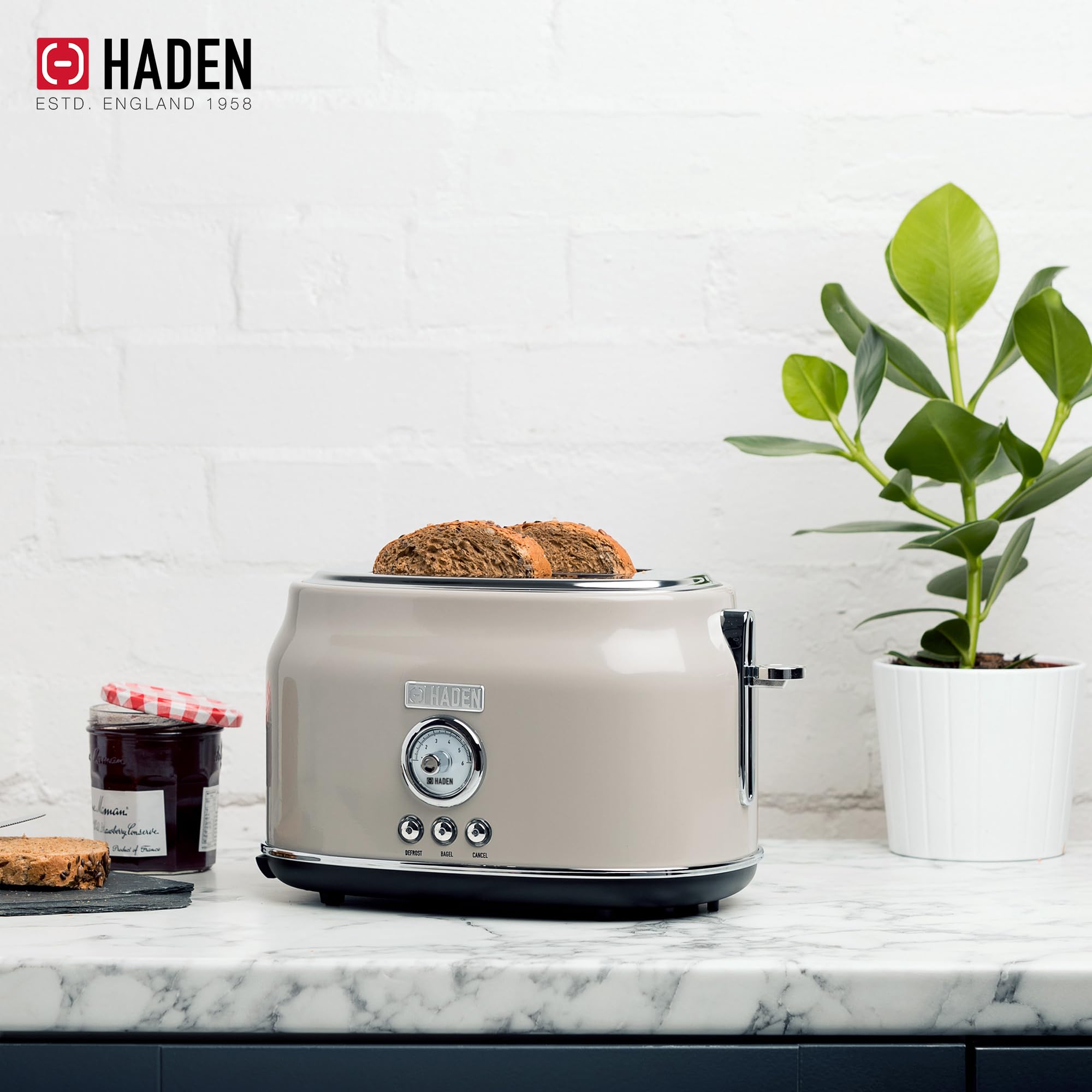 Haden Dorset 2 Slice Wide Slot Stainless Steel Toaster with 1.7L Electric Kettle Set - 360° Swivel Base, Putty & Chrome Finish | Perfect for Breakfast, Office, Dorm Room & Small Kitchens