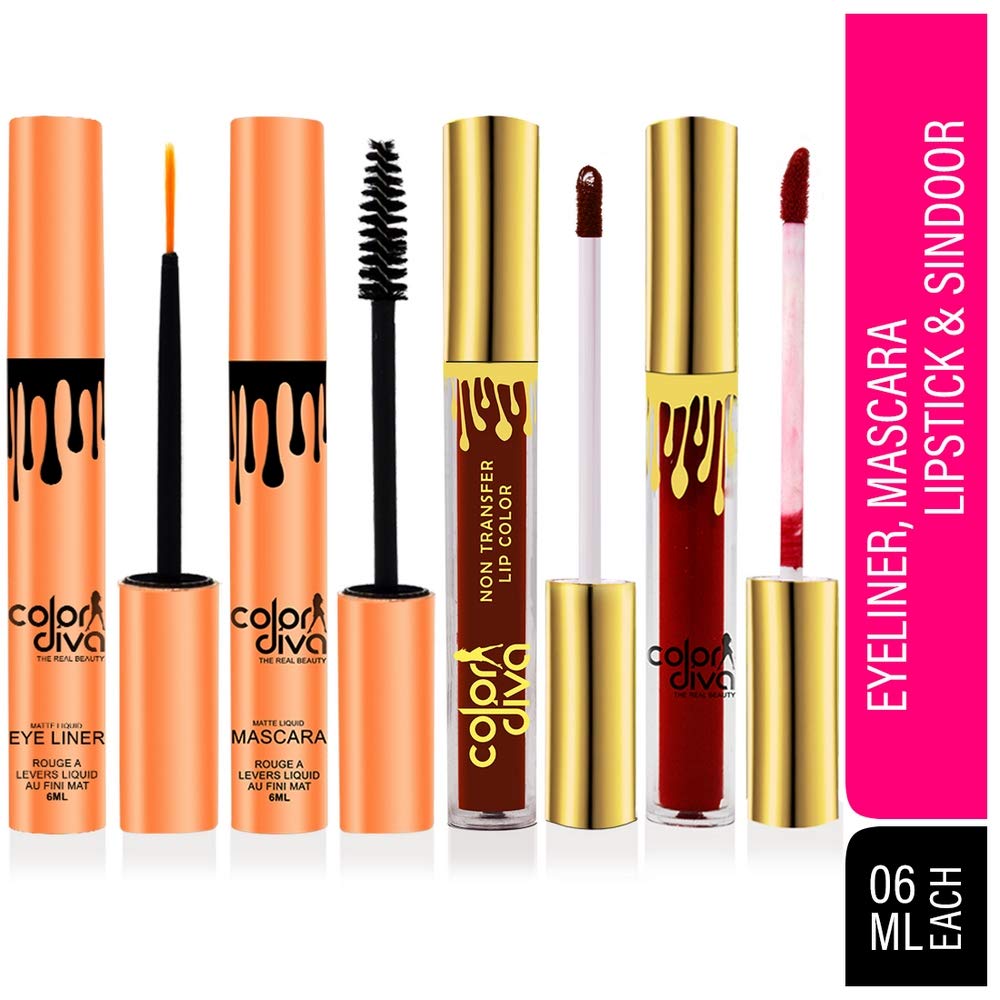 COLOR DIVA Waterproof Eyeliner, Mascara, Sindoor & Liquid Lipstick Set - 6ml (Pack of 4) | Long-Lasting Makeup for Parties, Weddings & Daily Wear | Smudge-Proof & Water-Resistant Cosmetics