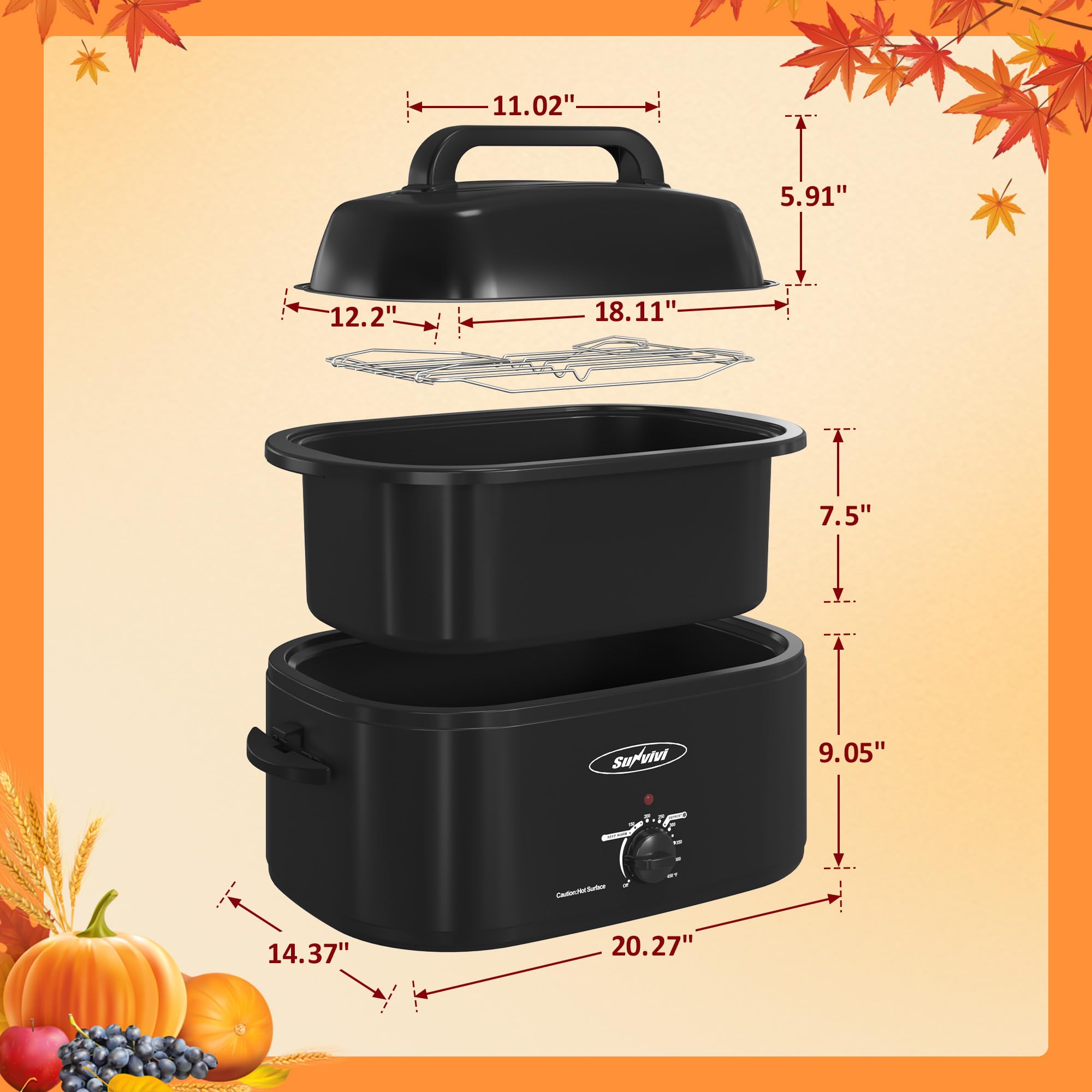 Sunvivi 24 Quart Electric Roaster Oven with Self-Basting Lid - Large Turkey Roaster with Removable Pan & Cool-Touch Handles - Perfect for Thanksgiving, Holiday Cooking, Buffets & Family Gatherings (Black)