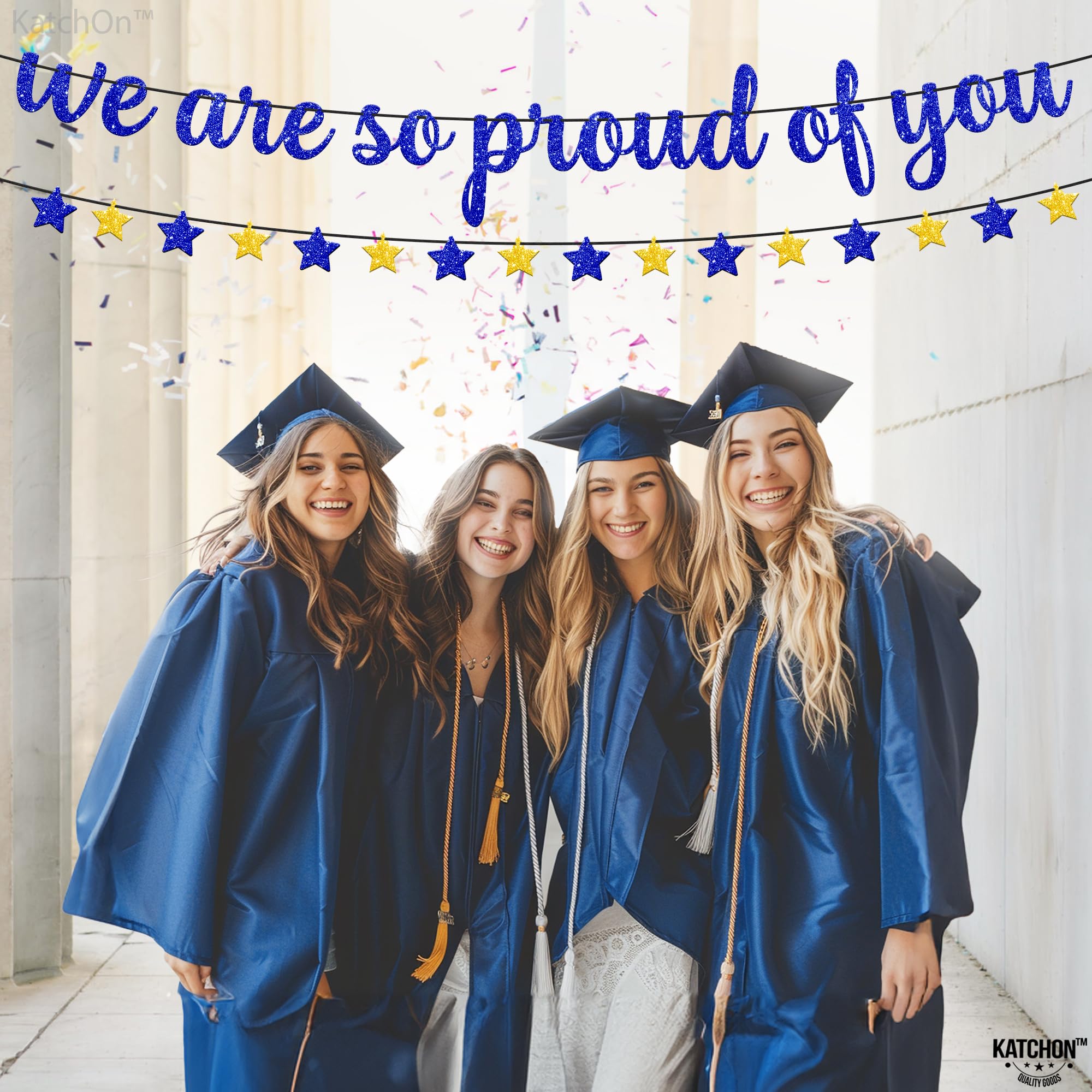 KatchOn Glitter 'We Are So Proud of You' Graduation Banner - 10ft Ready-to-Use, Blue 2025 Graduation Decor | Perfect for High School & College Graduation Parties, Commencement Ceremonies & Photo Backdrops