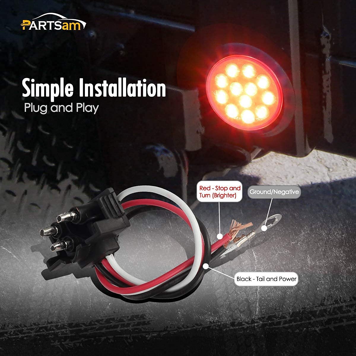 Partsam 4 Inch LED Trailer Lights Kit - 4Pcs Round Tail Lights (12LED) & 10Pcs 2 Inch Round Side Marker Lights (5 Amber + 5 Red) with Grommet Plugs & Wire Pigtails - Waterproof for Trucks, Trailers, RVs & Boats