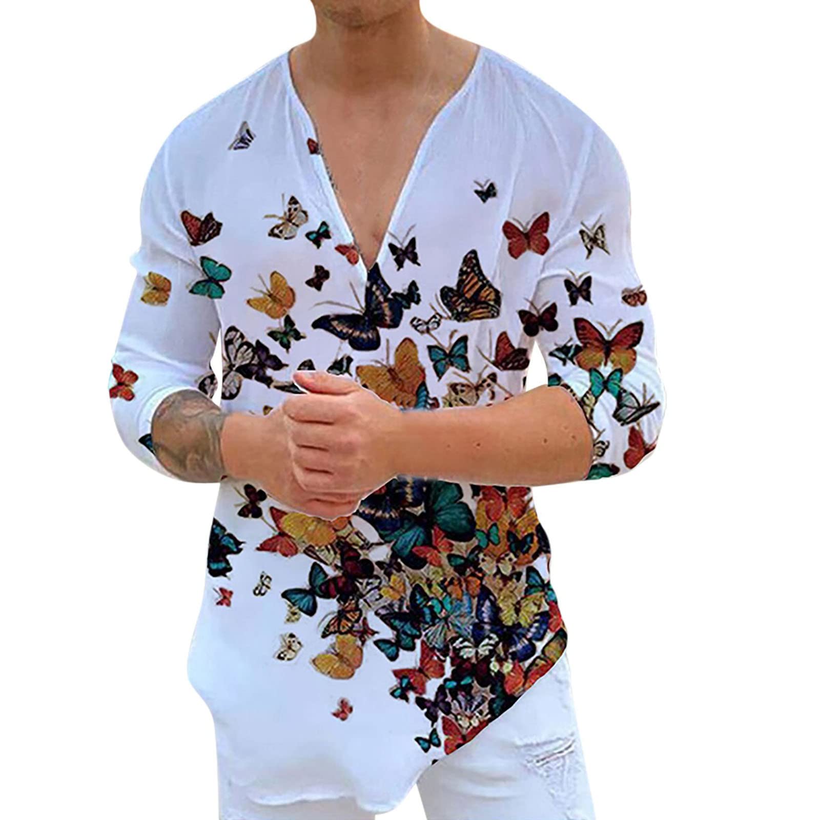 Men's Casual Loose Fit Cotton V-Neck Long Sleeve Shirt - Breathable Printed Dress Shirt for Office, Dating & Everyday Wear