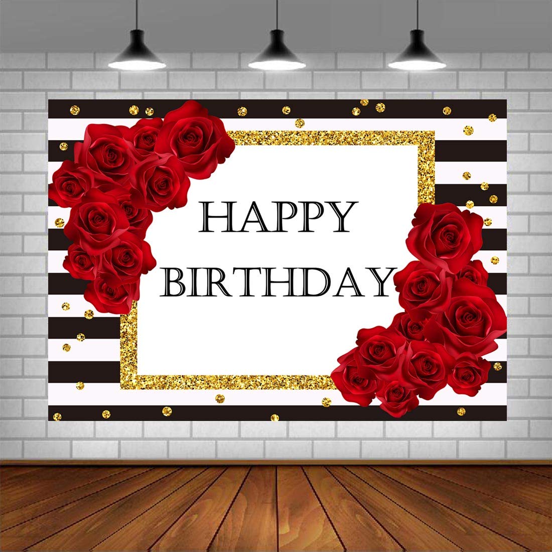 Black and White Striped Birthday Backdrop with Red Roses & Gold Dots - 5x3ft Photography Background for Birthday Party Decor, Photo Booth Props - Perfect for Birthday Celebrations, Baby Showers & Anniversary Parties