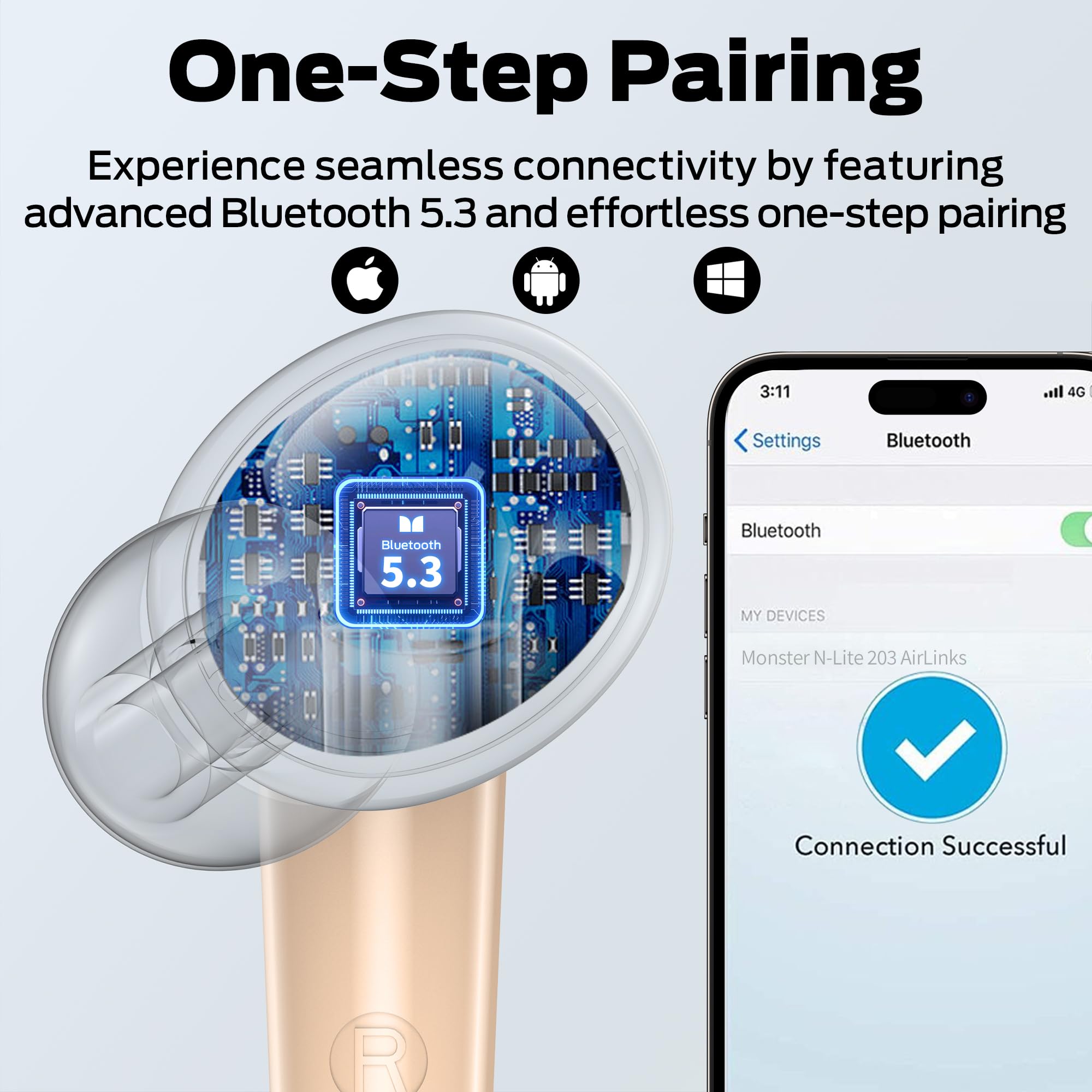 Monster N-Lite 203 AirLinks Wireless Bluetooth Earbuds - HiFi Stereo Sound, 30H Playtime, Type-C Fast Charging, HD Call Clarity, Touch Control & IPX6 Waterproof - Perfect for Gym, Running, Travel & Work