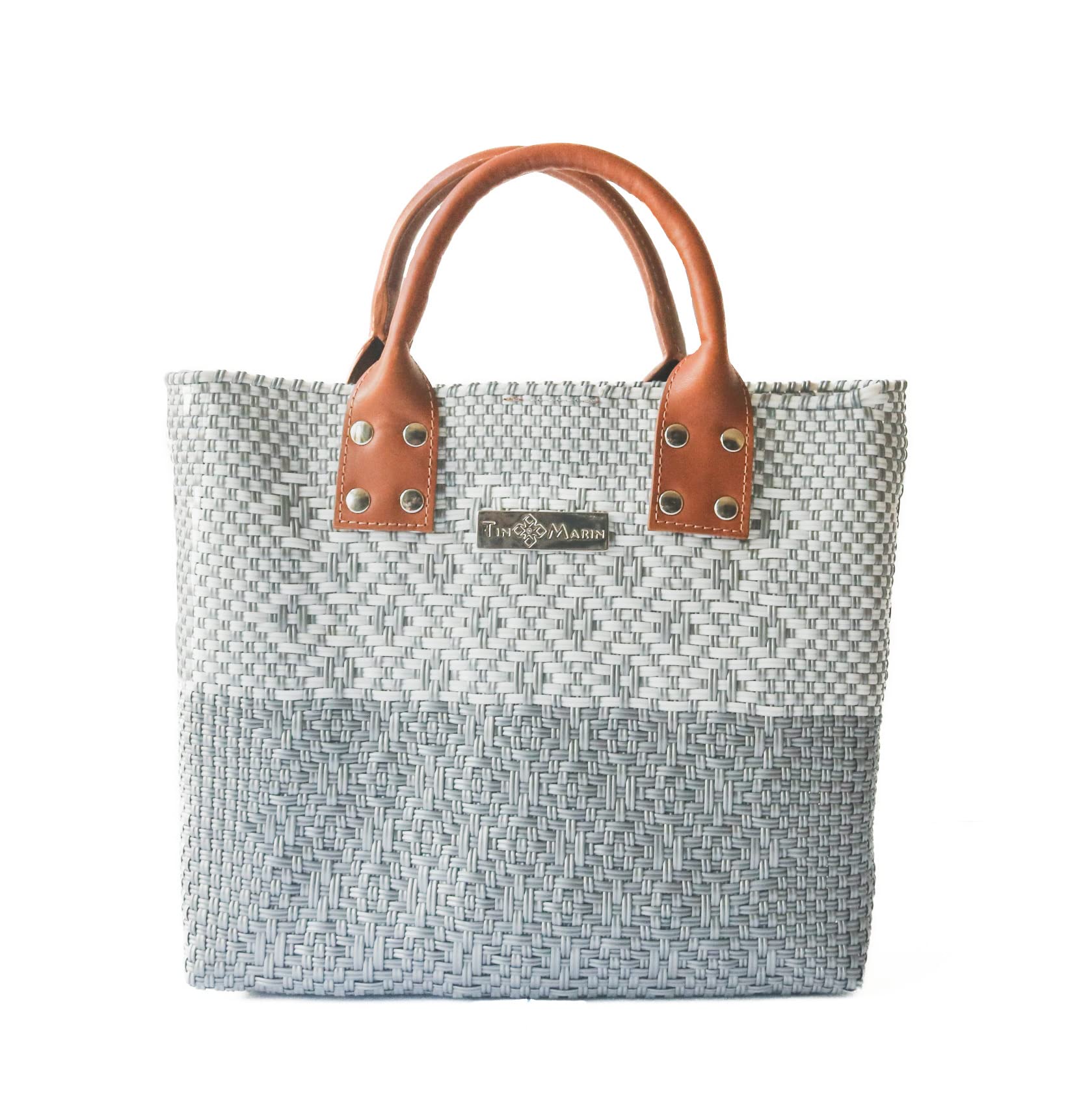 Stylish Grey Large Woven Crossbody Bag with Tan Leather Handles - Eco-Friendly Recycled Plastic Handwoven Purse | Mexican Oaxaca Tote for Women | Perfect for Summer, Work & Everyday Use | Casual Outings, Beach Trips & Office Commute