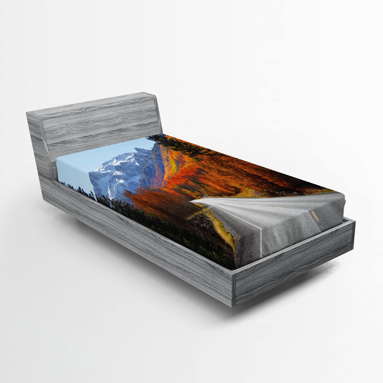 Ambesonne Fall Fitted Sheet - Twin Size Deep Pocket Bed Cover with All-Round Elastic, Scenic American Landscape with Snowy Mountains & Autumn Foliage Design | Perfect for Cozy Bedrooms, Guest Rooms & Vacation Homes