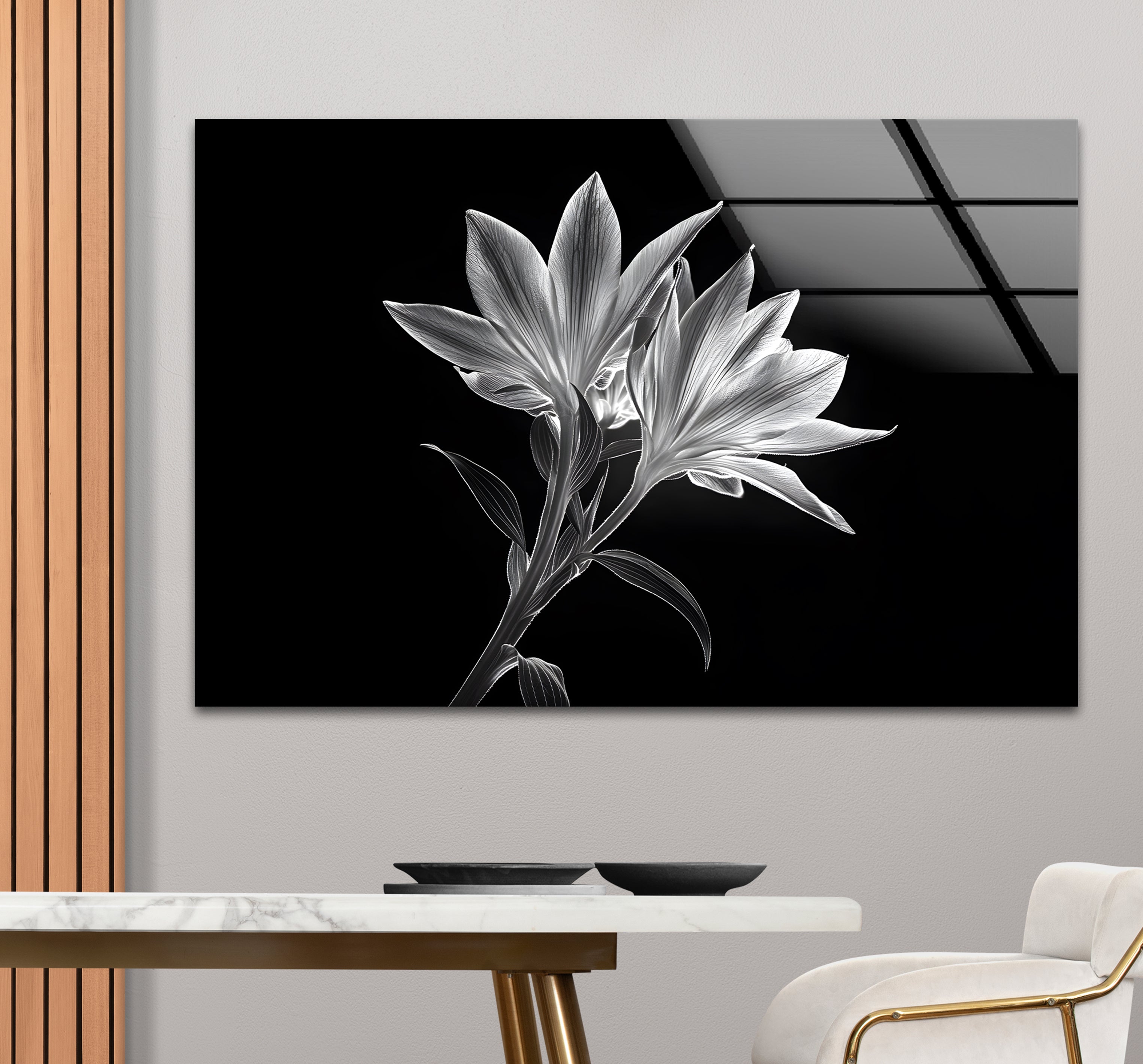 Black and White Xray Lilies Glass Wall Art - Elegant Floral Decor for Living Room, Bedroom, or Office - Perfect for Home and Office Decor