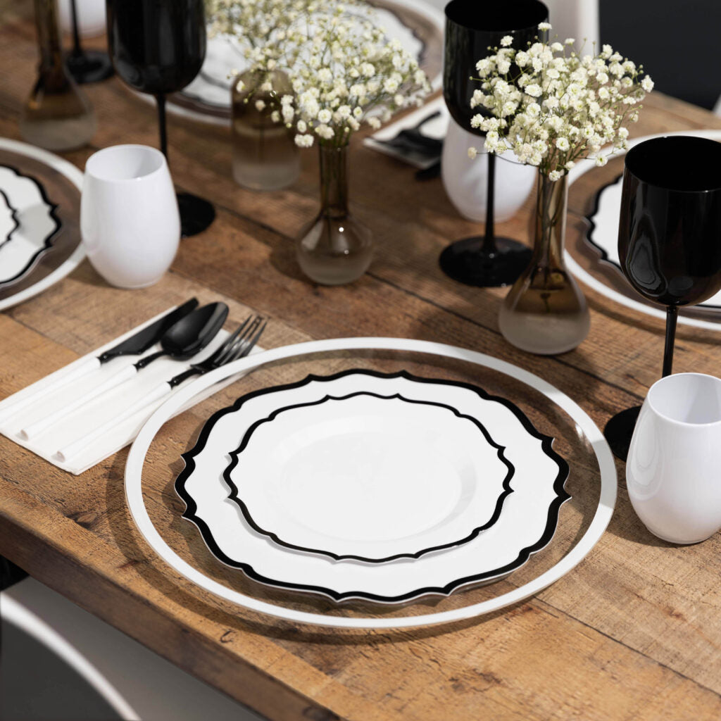 32-Piece White and Black Rim Plastic Dinnerware Set for 16 Guests - Modern Dinner Party, Outdoor Picnic, and Casual Dining Disposable Tableware