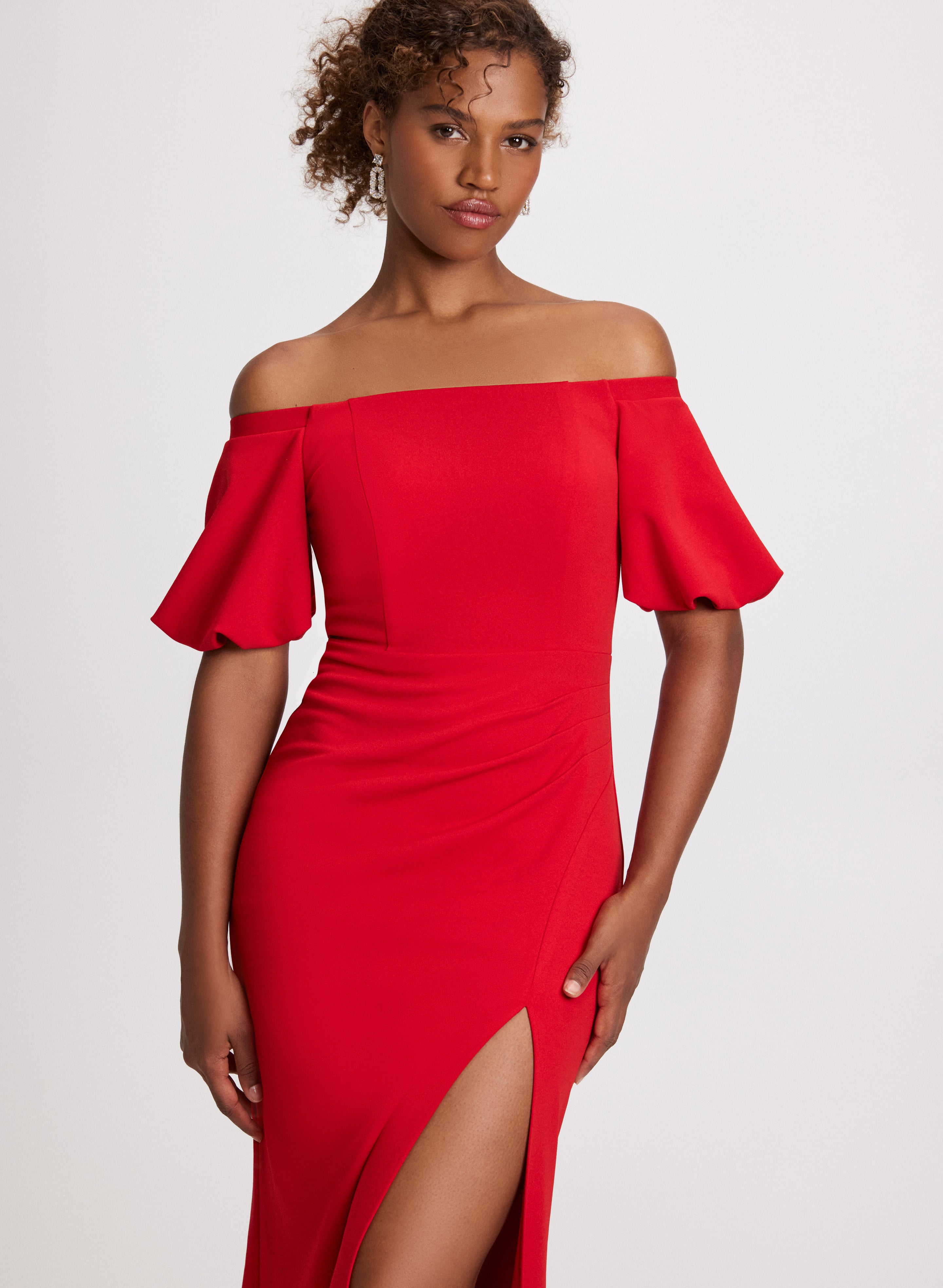 Elegant Balloon Sleeve Front Slit Dress for Women - Flowy Party & Evening Gown - Perfect for Weddings, Date Nights & Special Occasions