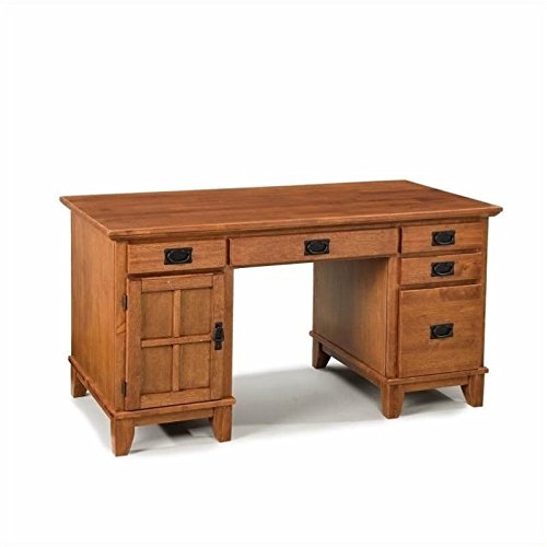 Home Styles Arts and Crafts Cottage Oak Double Pedestal Desk - Solid Wood Writing Desk for Home Office, Study & Craft Room - Vintage Style Computer Workstation with Storage