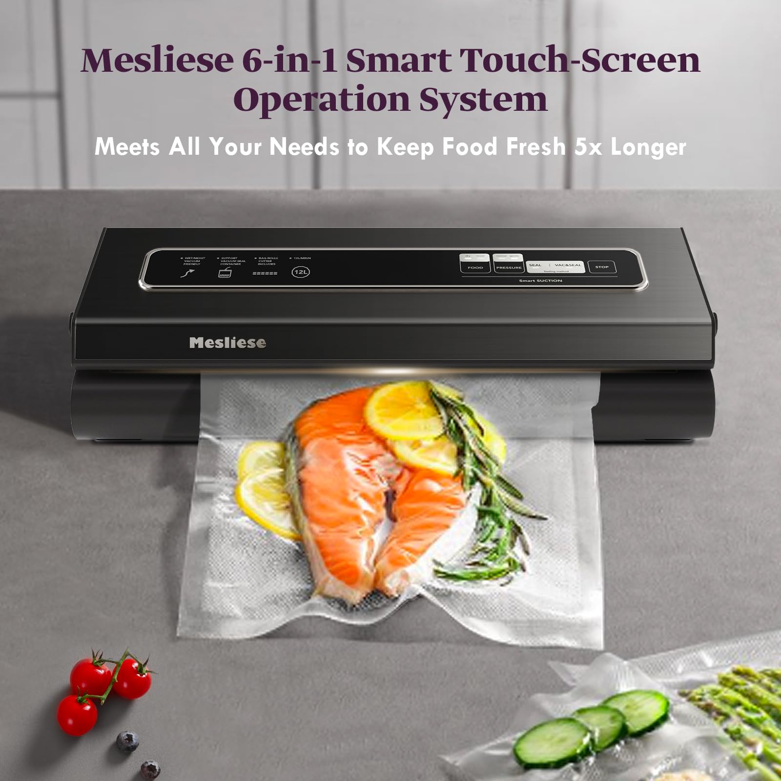 Premium 90Kpa 6-in-1 Compact Vacuum Sealer Machine for Food Preservation | Includes Cutter, 2 Bag Rolls & 5 Pre-cut Bags | Dry & Moist Modes | ETL Certified (Gray) | Perfect for Meal Prep, Sous Vide, Freezing & Long-Term Food Storage