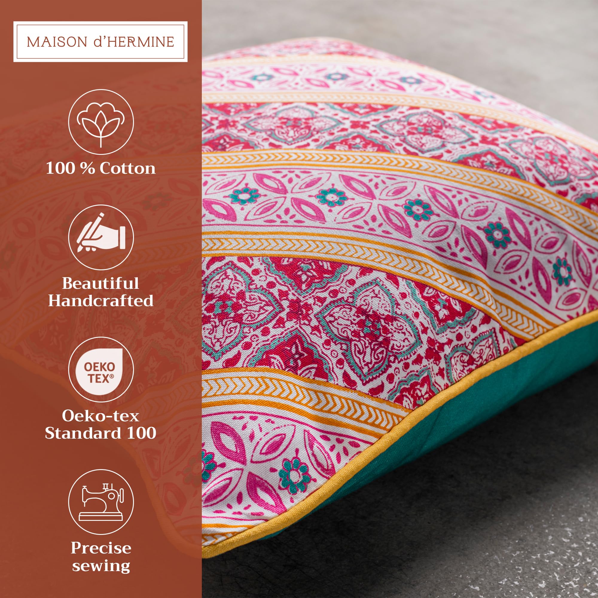 Maison d'Hermine 20x20 Inch Decorative Pillow Covers - 100% Cotton Square Throw Pillow Covers with Hidden Zipper for Sofa, Couch, Bed & Home Decor | Easter Home Accents & Seasonal Decor (Katmandou - Samba Pattern)