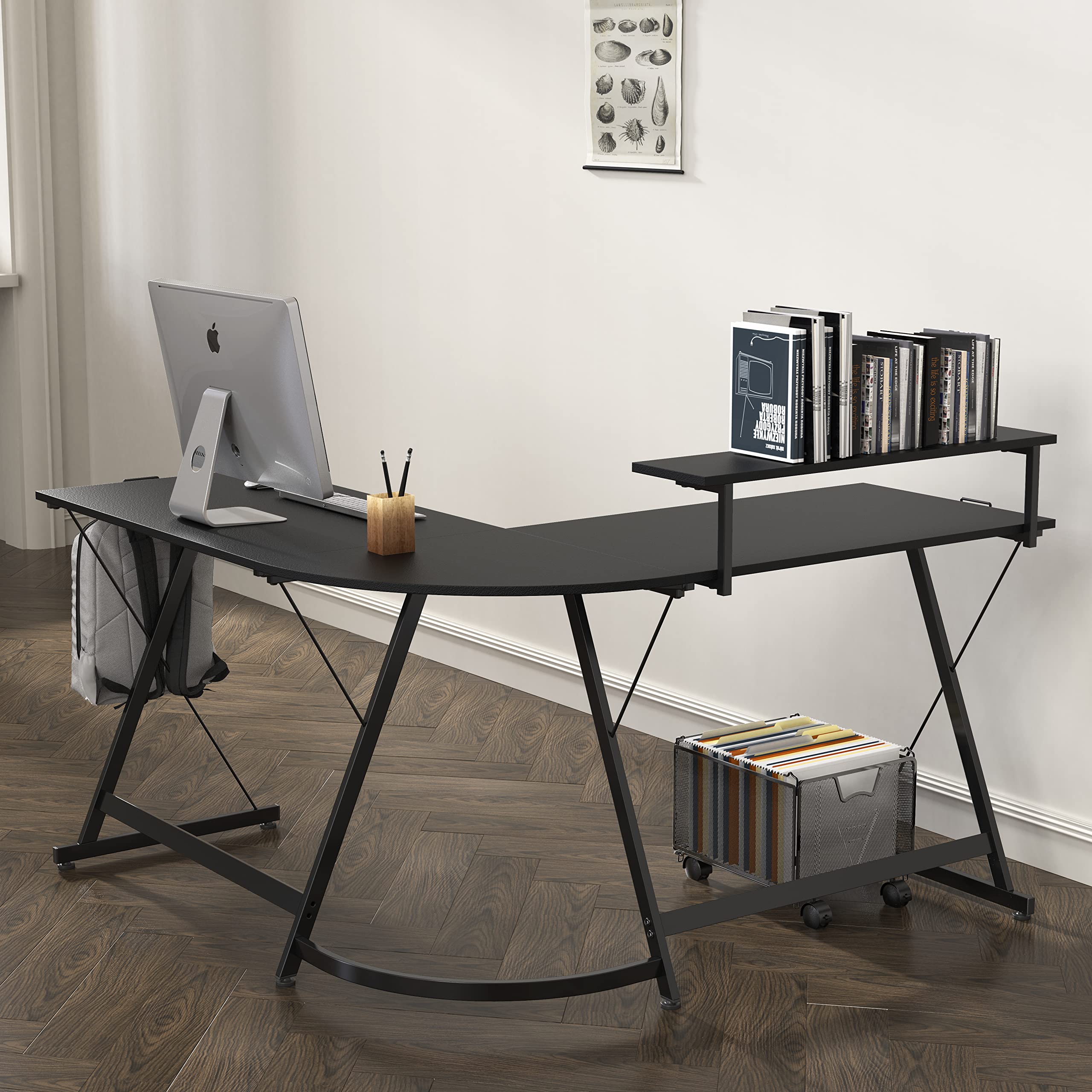 SHW Vista L-Shape Computer Desk with Monitor Stand - Black Home Office Desk for Gaming & Work, Ergonomic Study Desk for Small Spaces, Perfect for PC Setup & Remote Work