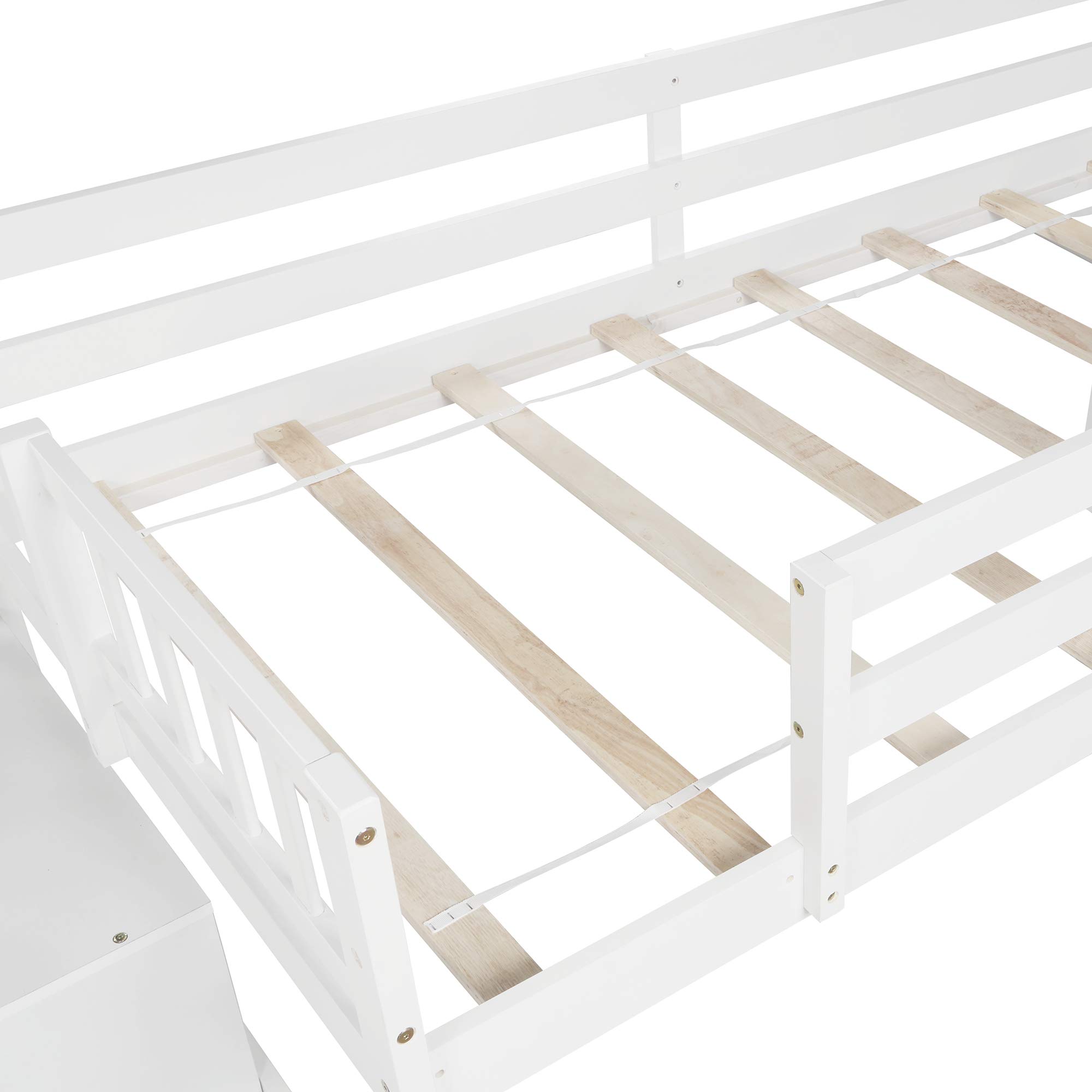 **Twin Size Low Loft Bed with Adjustable Slide & 2-Step Staircase - Wooden Kids Loft Bed for Girls & Boys, No Box Spring Needed (White + Pine) - Perfect for Small Bedrooms, Playrooms & Dorm Rooms**