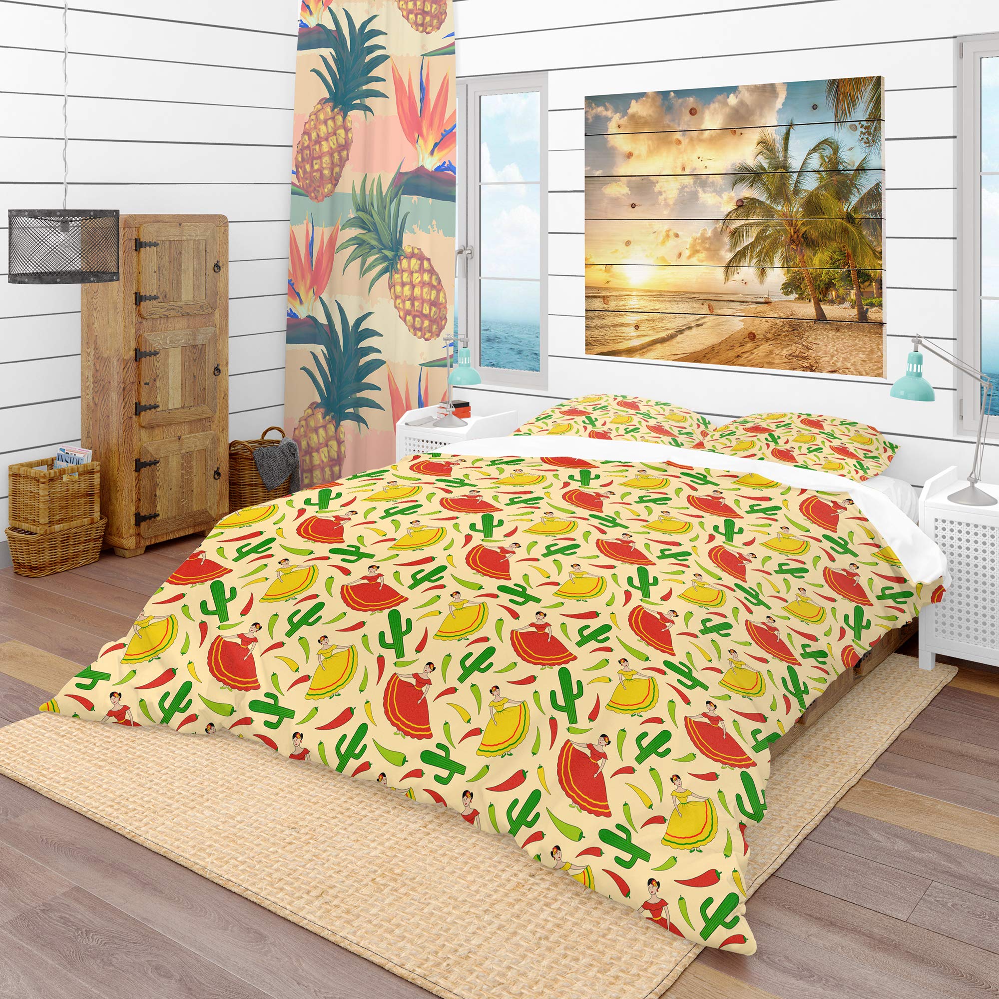 Vibrant Mexican Woman Pattern Tropical Duvet Cover Set - Queen Size Bedding with Pillow Shams - Perfect for Boho Chic Bedroom Decor & Summer Home Styling