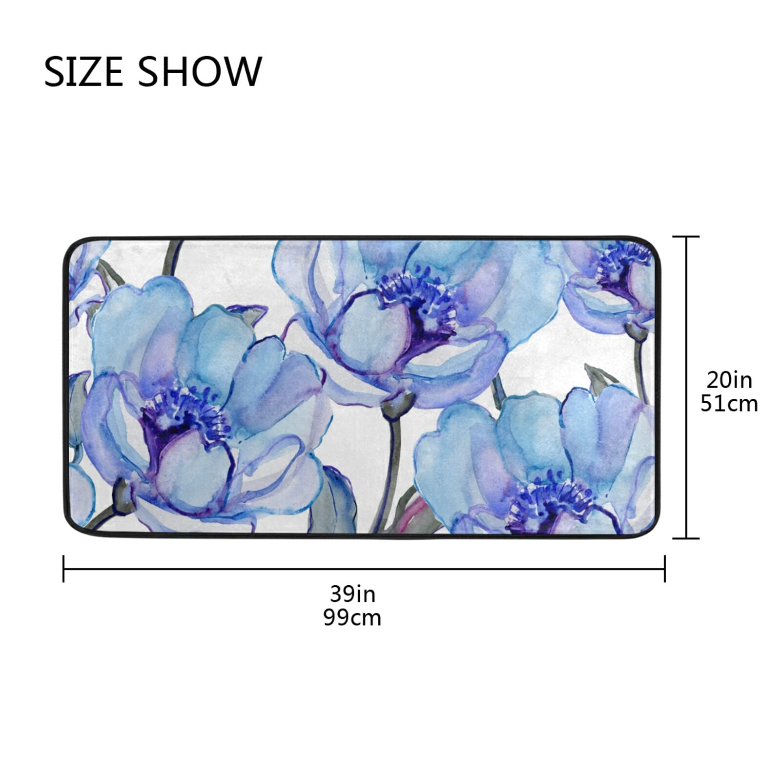 Spring Floral Kitchen Rugs - Soft Non-Slip Floor Mats with Blue Flower Pattern (39x20 Inch) - Waterproof Bath Rug, Runner & Doormat for Kitchen, Bathroom & Entryway Decor