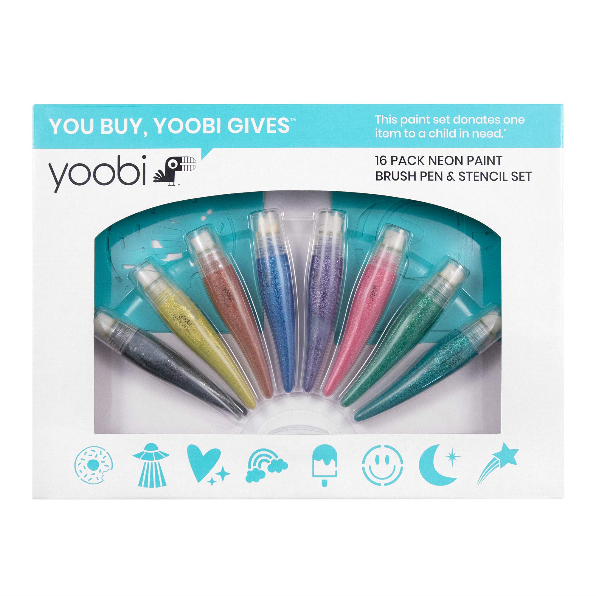 Yoobi Washable Paint Set - 16 Piece Art Kit with 8 Stencils & 8 Glitter Paint Brush Pens | Non-Toxic Multicolor Craft Supplies for Kids | Perfect for Holiday Crafts, Birthday Parties & School Art Projects